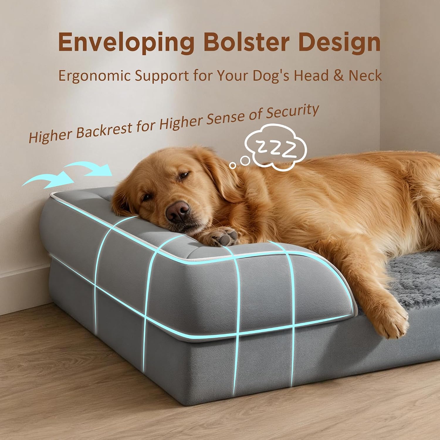 Comfort Expression Waterproof Orthopedic Dog Bed for Extra Large Dogs | Supportive Egg Crate Foam XL Pet Bed with Removable Bolster. Dog Couch with Washable Cover & Non-Slip Bottom. 42x30 Inch