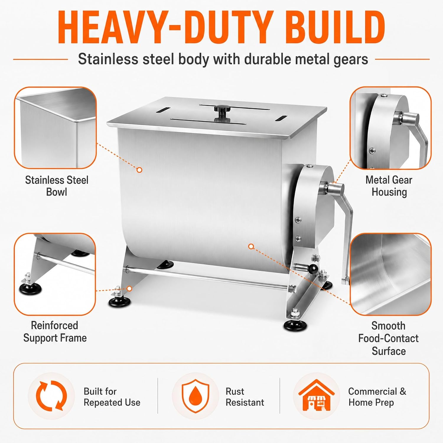 Wutfly 35 lb Manual Meat Mixer. 6 Gal Tilting Bowl. Removable Paddle | 6 gallon tilting bowl helps load ingredients. remove mixed meat. and improve batch preparation efficiency.