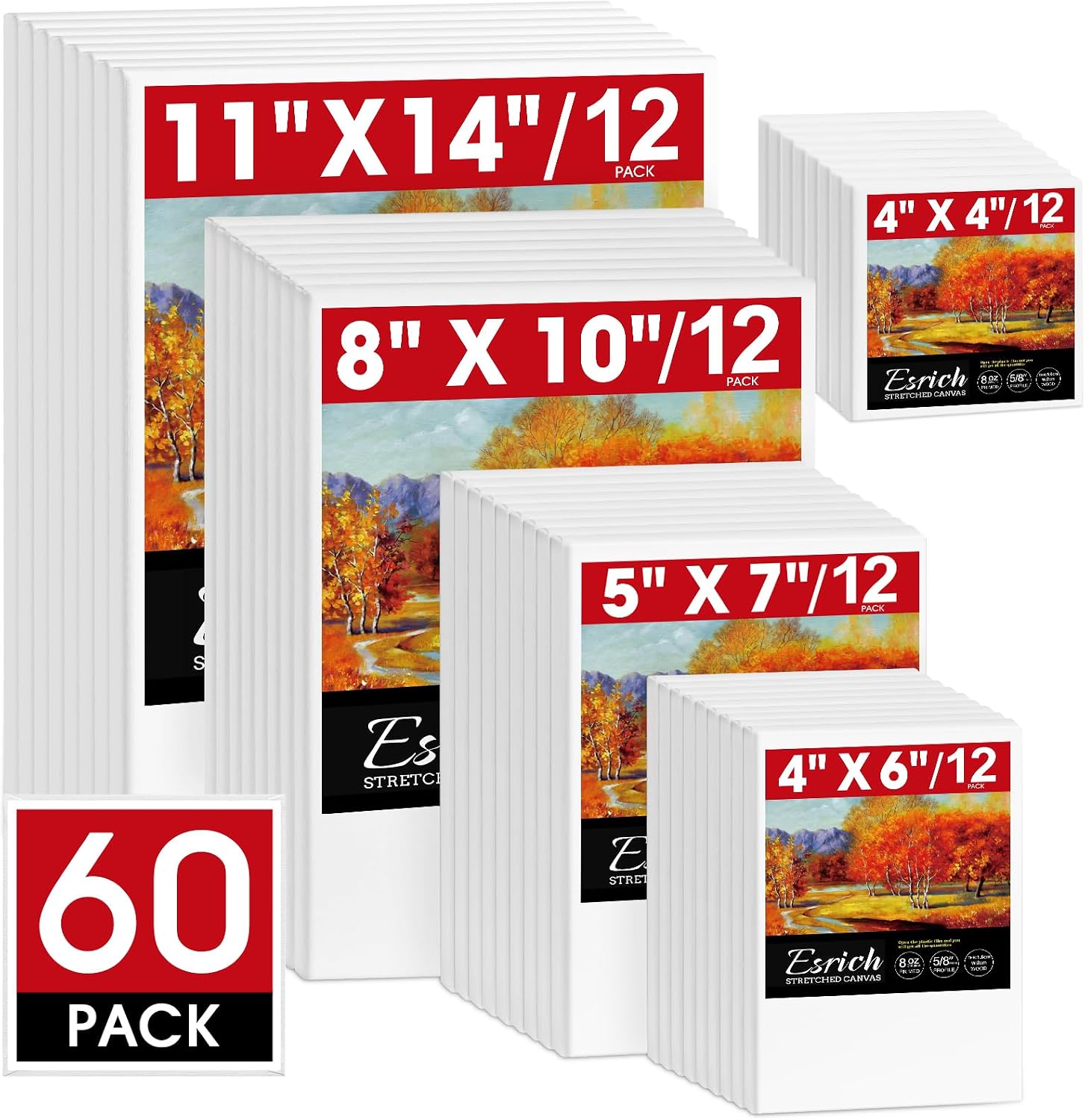 ESRICH Stretched Canvas for Painting. 60 Pack Multi Size11x14. 8x10. 5x7. 4x6. 4x4. Blank Primed Canvases for Oil & Acrylic Painting. Painting Canvas Supplies for Beginners. Artists(12 of Each).