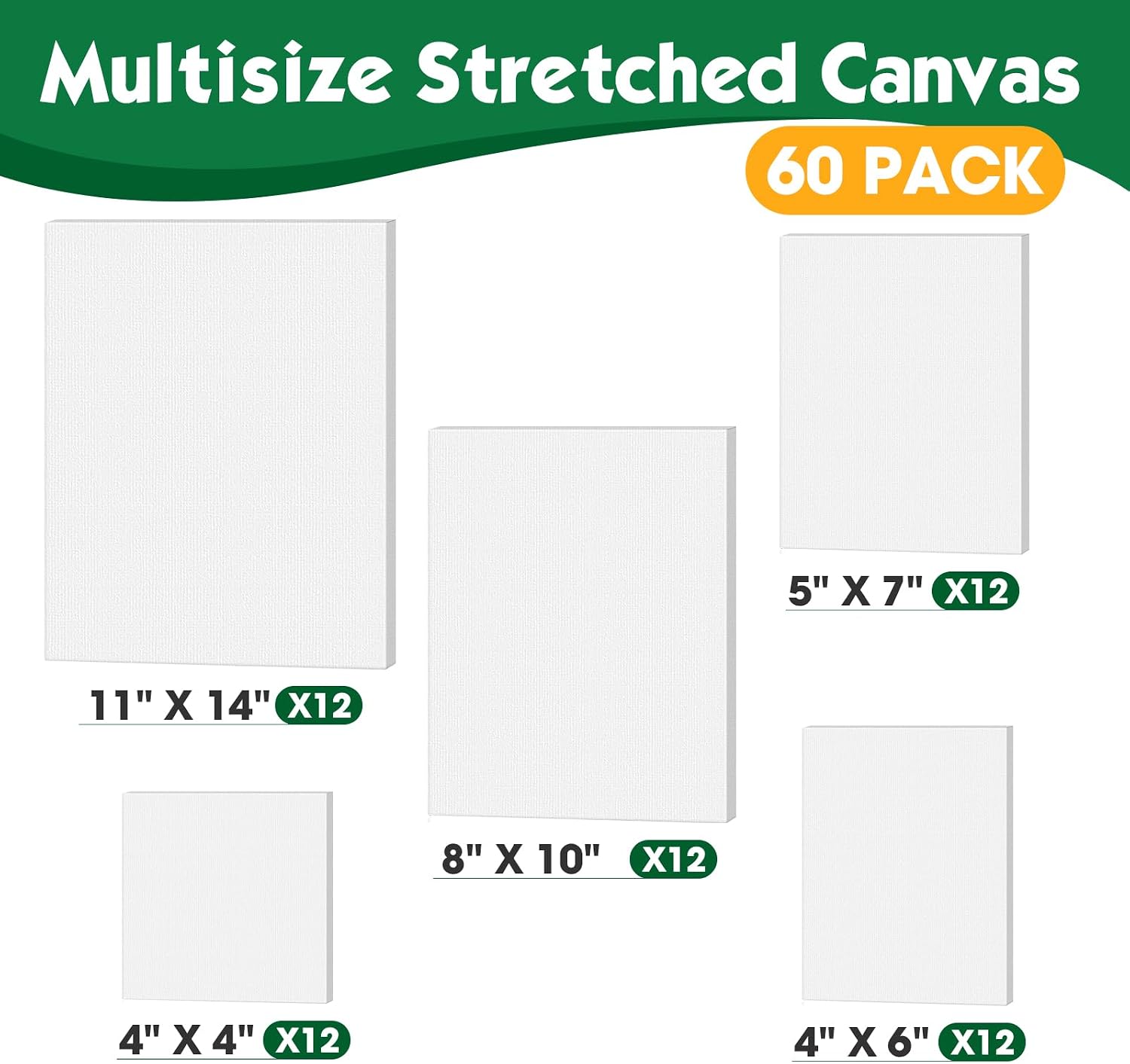 ESRICH Stretched Canvas for Painting. 60 Pack Multi Size11x14. 8x10. 5x7. 4x6. 4x4. Blank Primed Canvases for Oil & Acrylic Painting. Painting Canvas Supplies for Beginners. Artists(12 of Each).