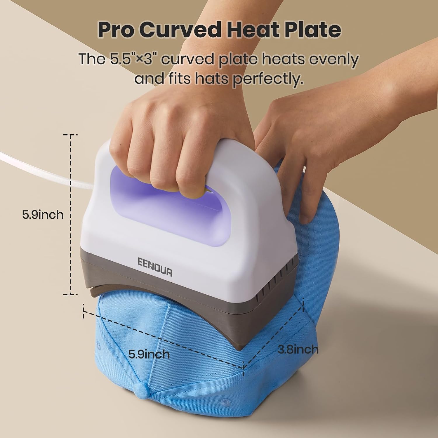 EENOUR Hat Press Machine. Mini Heat Press for Caps with 3 Heating Levels & Auto-Off. Handheld Cap Easy Press with 3×5.5 Arched Heating Plate. 2 Press Platens. A Safety Base