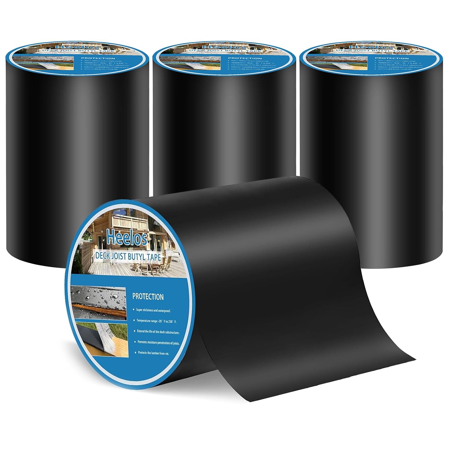 Heelos Deck Joist Tape 6''×50'. 4 Pack Weather-Resistant Joist Tape for Decking. Waterproof Seal Antiseptic Butyl Decking Tape.Self-Adhesive Flashing Joists Tape for Wood Decks Beams Roof