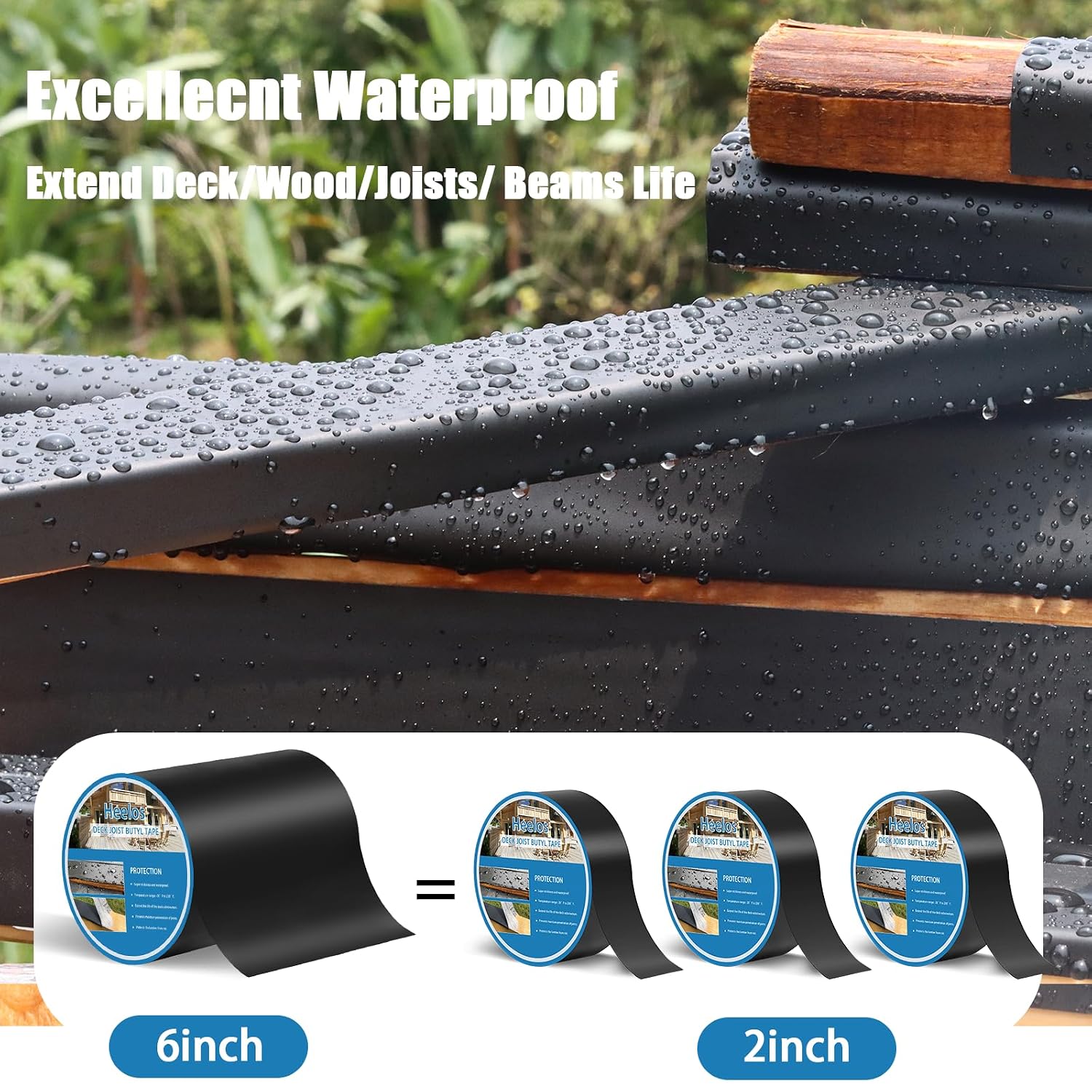Heelos Deck Joist Tape 6''×50'. 4 Pack Weather-Resistant Joist Tape for Decking. Waterproof Seal Antiseptic Butyl Decking Tape.Self-Adhesive Flashing Joists Tape for Wood Decks Beams Roof