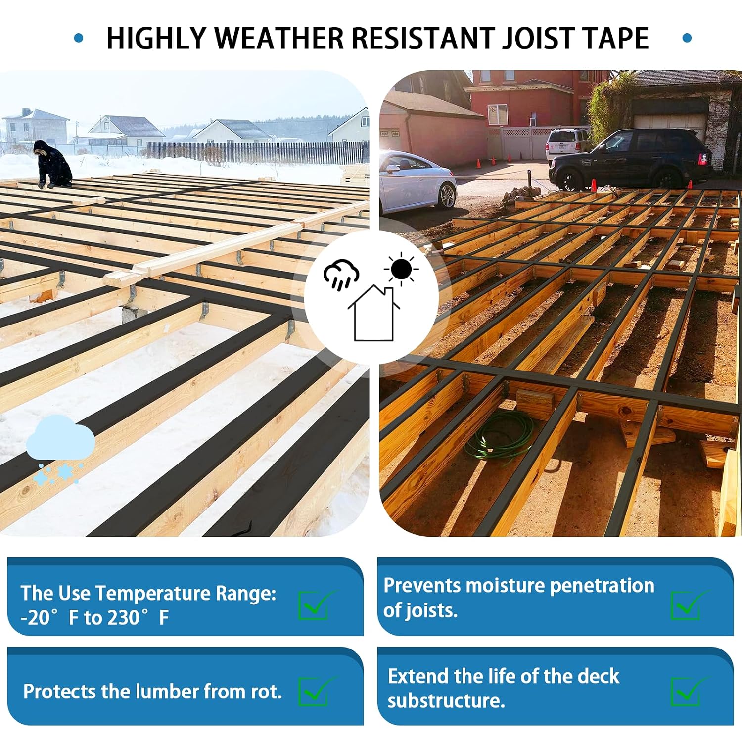 Heelos Deck Joist Tape 6''×50'. 4 Pack Weather-Resistant Joist Tape for Decking. Waterproof Seal Antiseptic Butyl Decking Tape.Self-Adhesive Flashing Joists Tape for Wood Decks Beams Roof