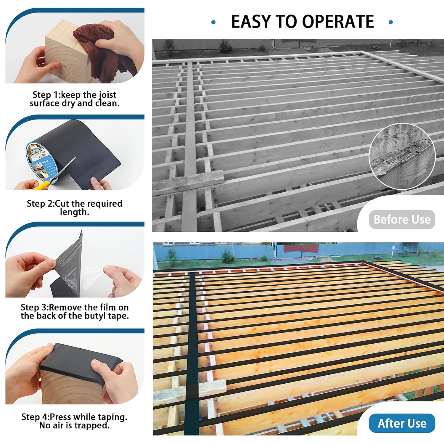 Heelos Deck Joist Tape 6''×50'. 4 Pack Weather-Resistant Joist Tape for Decking. Waterproof Seal Antiseptic Butyl Decking Tape.Self-Adhesive Flashing Joists Tape for Wood Decks Beams Roof