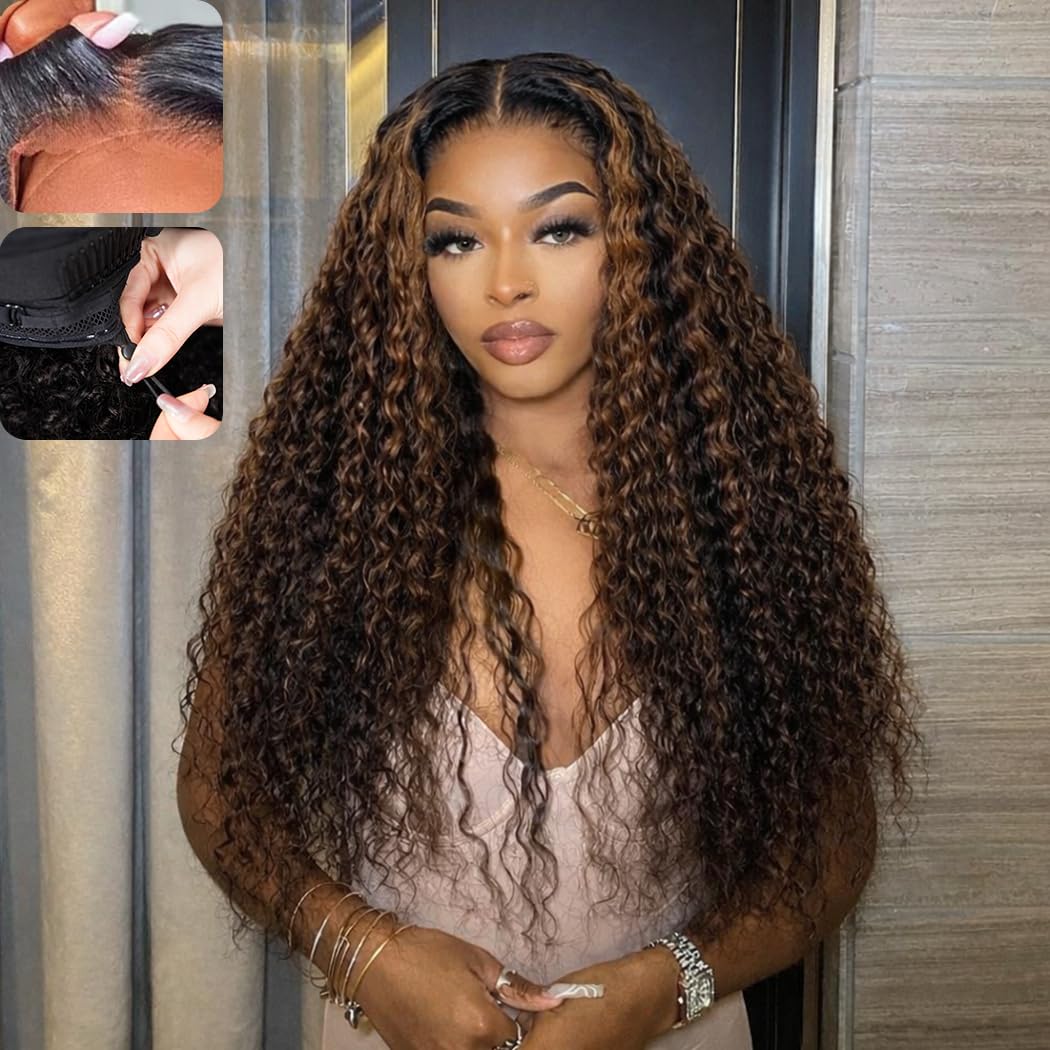 7x5 Deep Wave Highlight Ombre Glueless Wigs Human Hair Pre Plucked Pre Cut Wear and Go HD Lace 210 Density Deep Wave Lace Front Wigs Human Hair 26 Inch F1B/30 Balayage Drawstring Curly Wig for Women