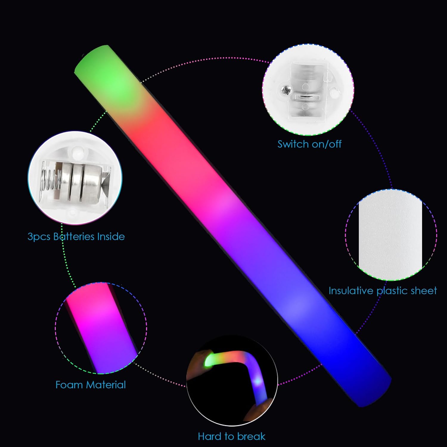 EXCECAR 202PCS Foam Glow Sticks Bulk Party Pack. Foam Light Up Sticks. Light Up Foam Sticks. 3 Mode Colorful Flashing. Glow in The Dark Sticks for Wedding Halloween Christmas Concert Party Supplies