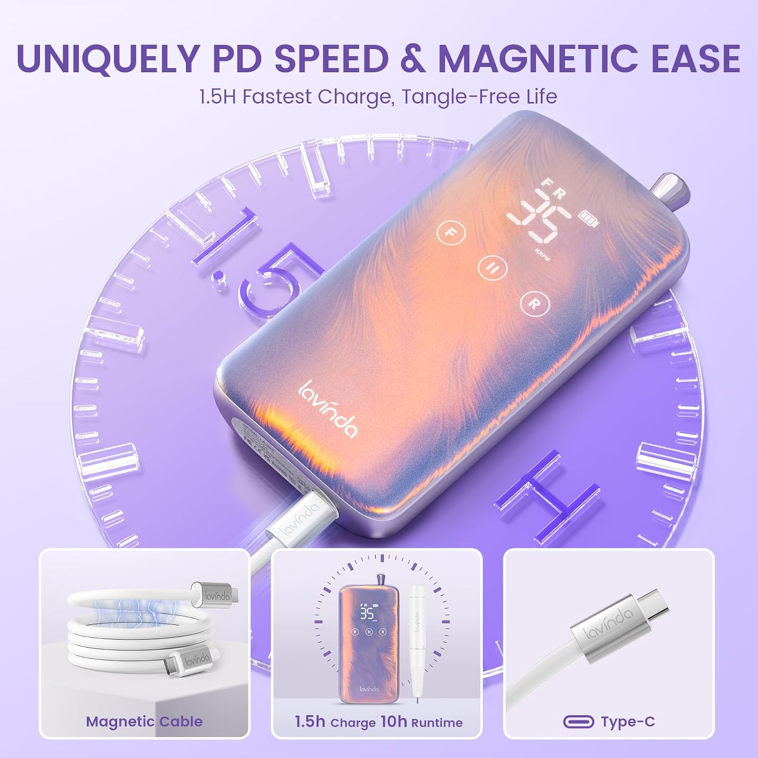 Lavinda Nail Drill Machine 35000RPM Electric Nail Drill with Coreless Motor | Professional Cordless Nail Drill with Fast-Charging 3000mAh. 8-Piece Drill Bit Set for Gel. Manicure&Pedicure. Salon&Home Use