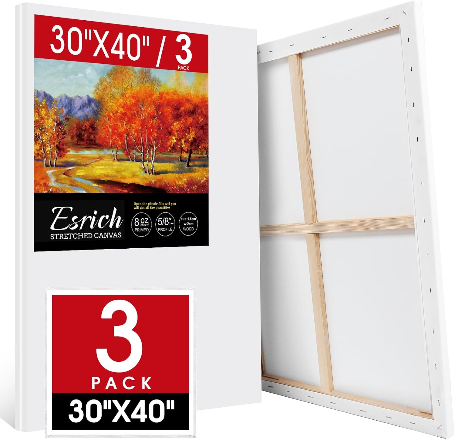 ESRICH Stretched Canvas for Painting 30x40 Inch. 3Pack Large Canvas for Painting. Primed Acid-Free Cotton Blank Canvases. Art Paint Canvases for Oil Paint.Watercolor.Acrylic Paint.Gouache and Tempera.