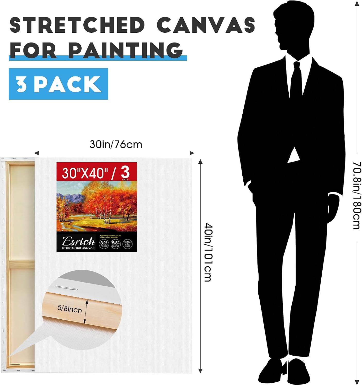 ESRICH Stretched Canvas for Painting 30x40 Inch. 3Pack Large Canvas for Painting. Primed Acid-Free Cotton Blank Canvases. Art Paint Canvases for Oil Paint.Watercolor.Acrylic Paint.Gouache and Tempera.