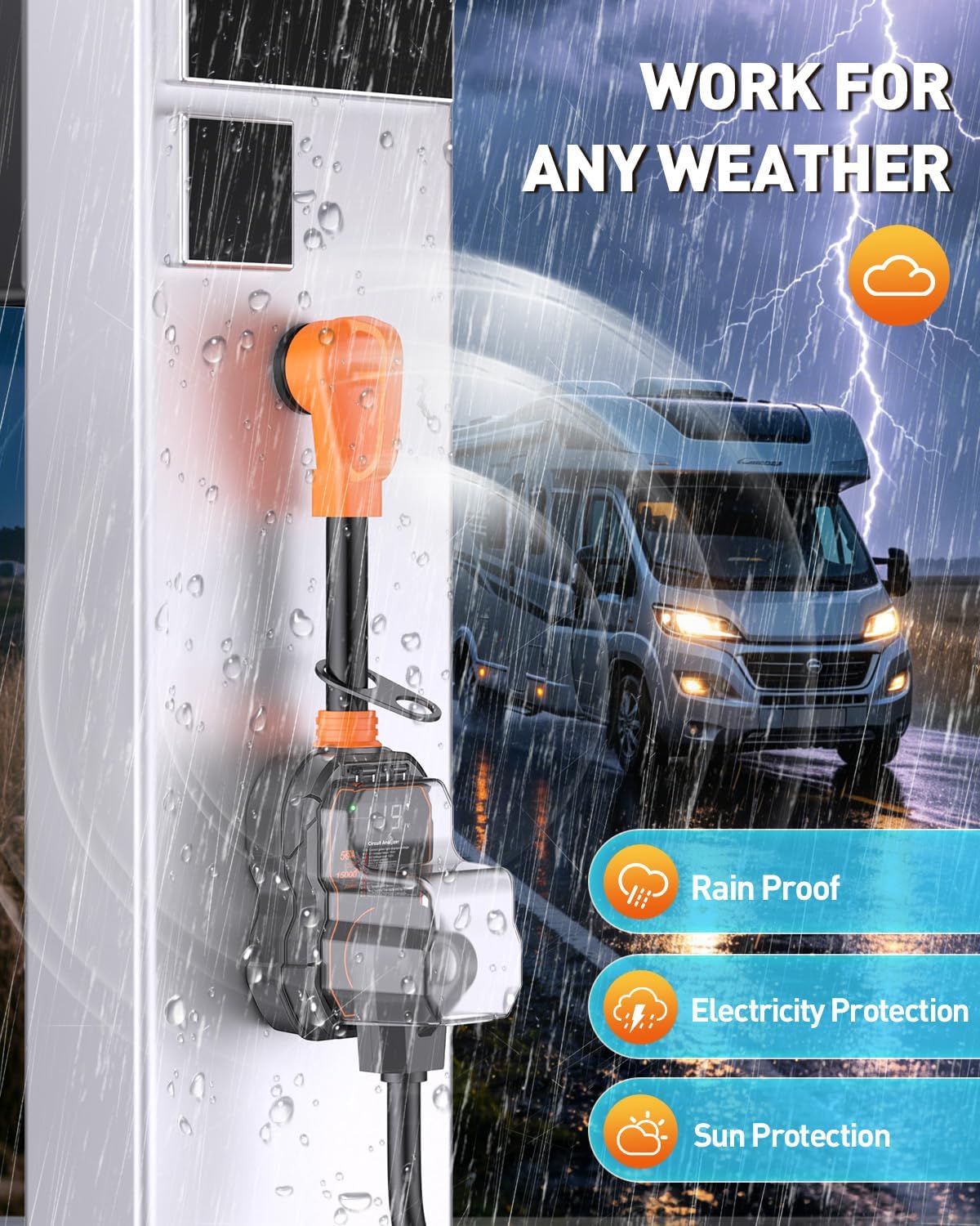GEARGO πππ° Smart 50 Amp Surge Protector for RV with LED Display. 15000J Upgraded Power Surges Voltage Protection Circuit Analyze for Camper with Waterpoof Cover (Orange)