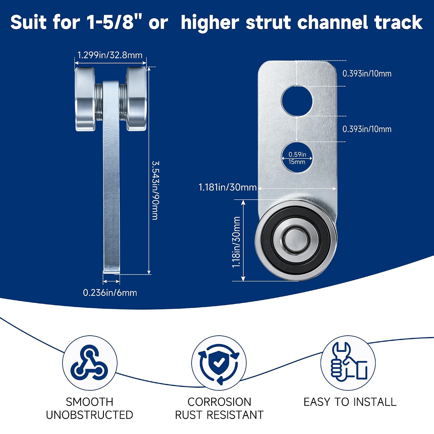 Fuperoo 2 Wheel Trolley Assembly Rollers.Two Bearing Trolley Assembly.The top of the Trolley has Room for Set Screws. Allowing the use of a 1-5/8 high Strut Channel