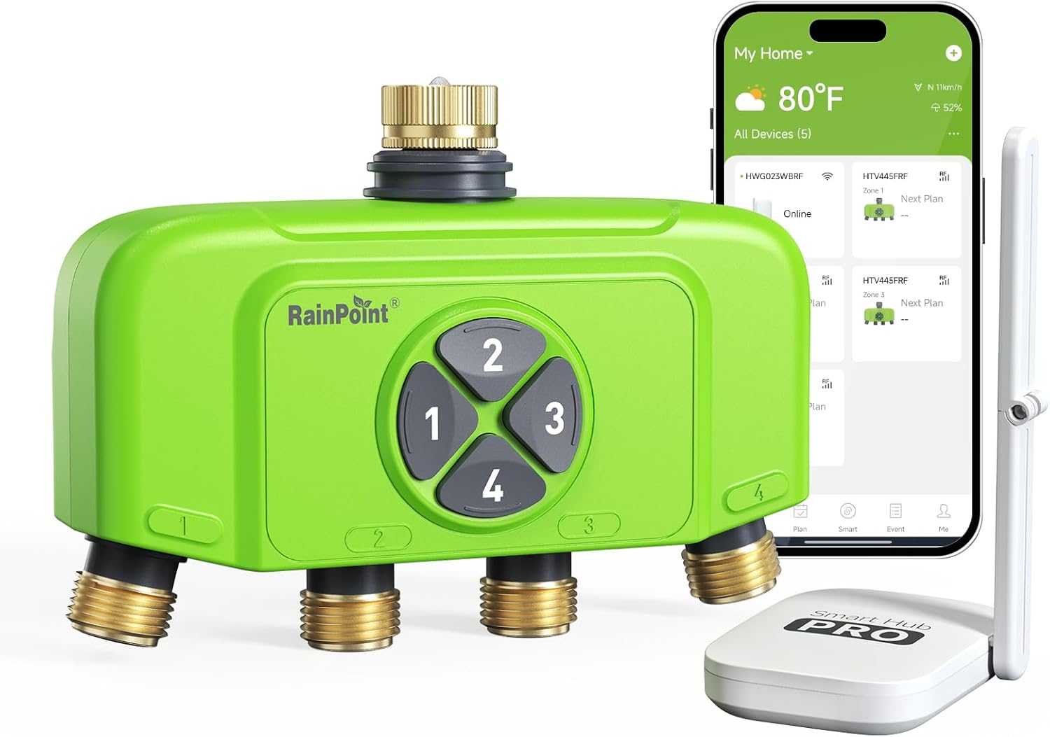 RAINPOINT WiFi Smart Sprinkler Timer. Outdoor Garden Hose Water Timer with Solid Brass Inlet & Outlet. Custom Irrigation Programs via App. Voice Control. Green