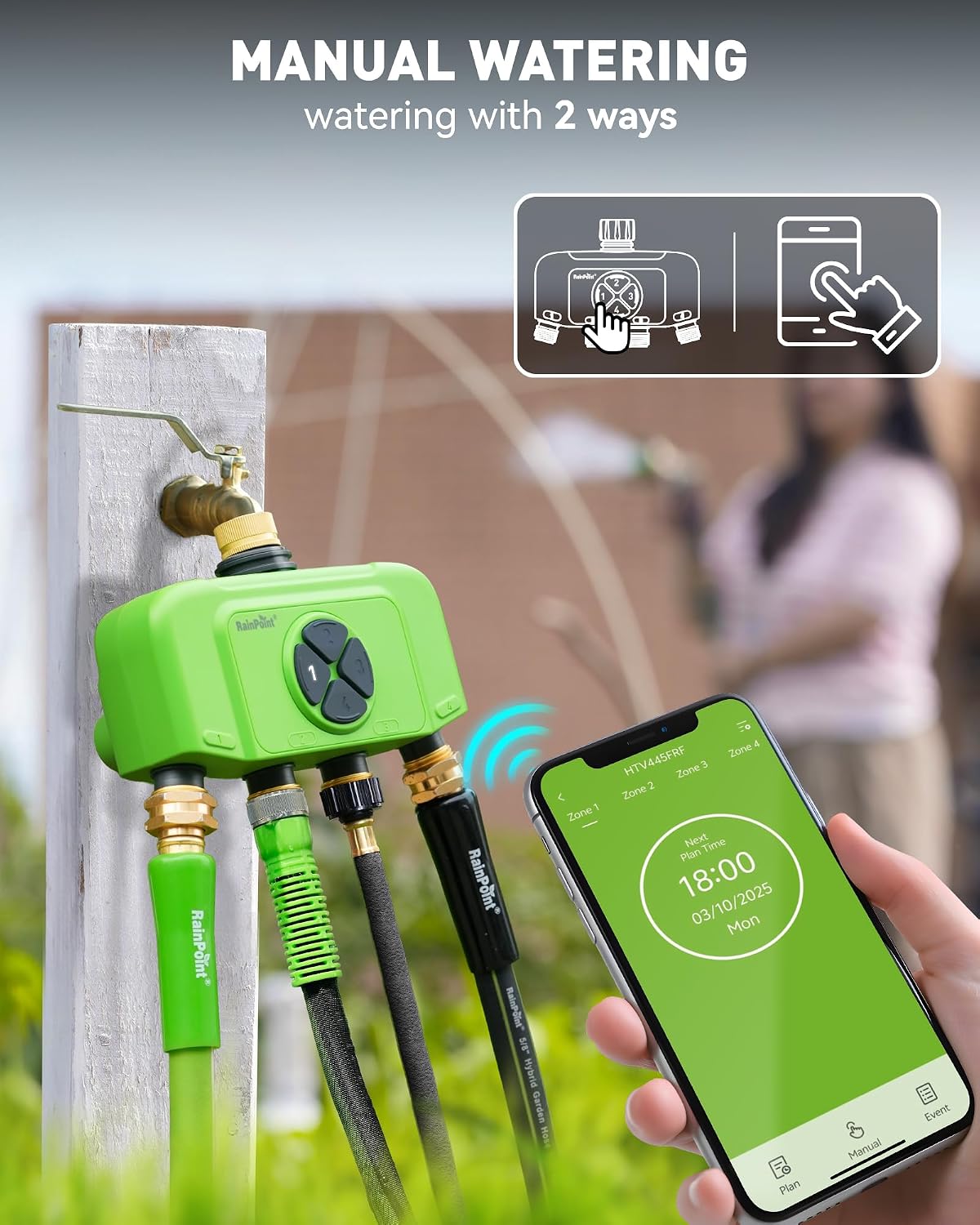 RAINPOINT WiFi Smart Sprinkler Timer. Outdoor Garden Hose Water Timer with Solid Brass Inlet & Outlet. Custom Irrigation Programs via App. Voice Control. Green