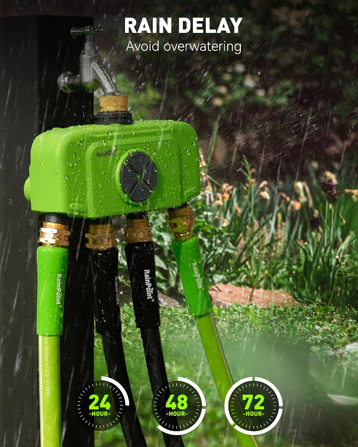 RAINPOINT WiFi Smart Sprinkler Timer. Outdoor Garden Hose Water Timer with Solid Brass Inlet & Outlet. Custom Irrigation Programs via App. Voice Control. Green
