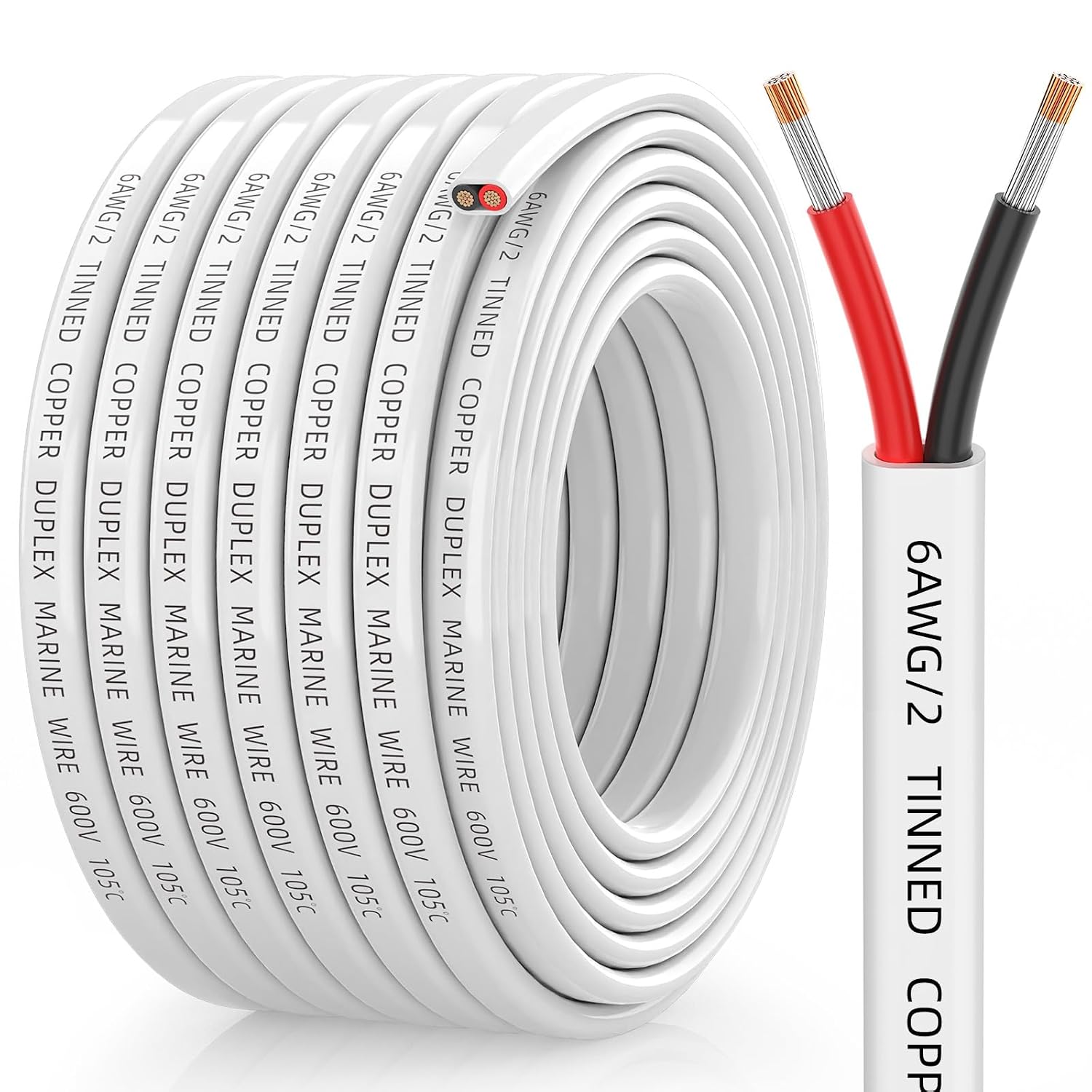 CONEPY 6 Gauge Marine Wire. 6/2 Duplex Tinned Copper Marine Wire. 30FT | Flexible. Waterproof. Corrosion-Resistant 6 AWG Marine Grade Wire with PVC Jacket for Boat. Automotive. RV. Solar. LED Strip