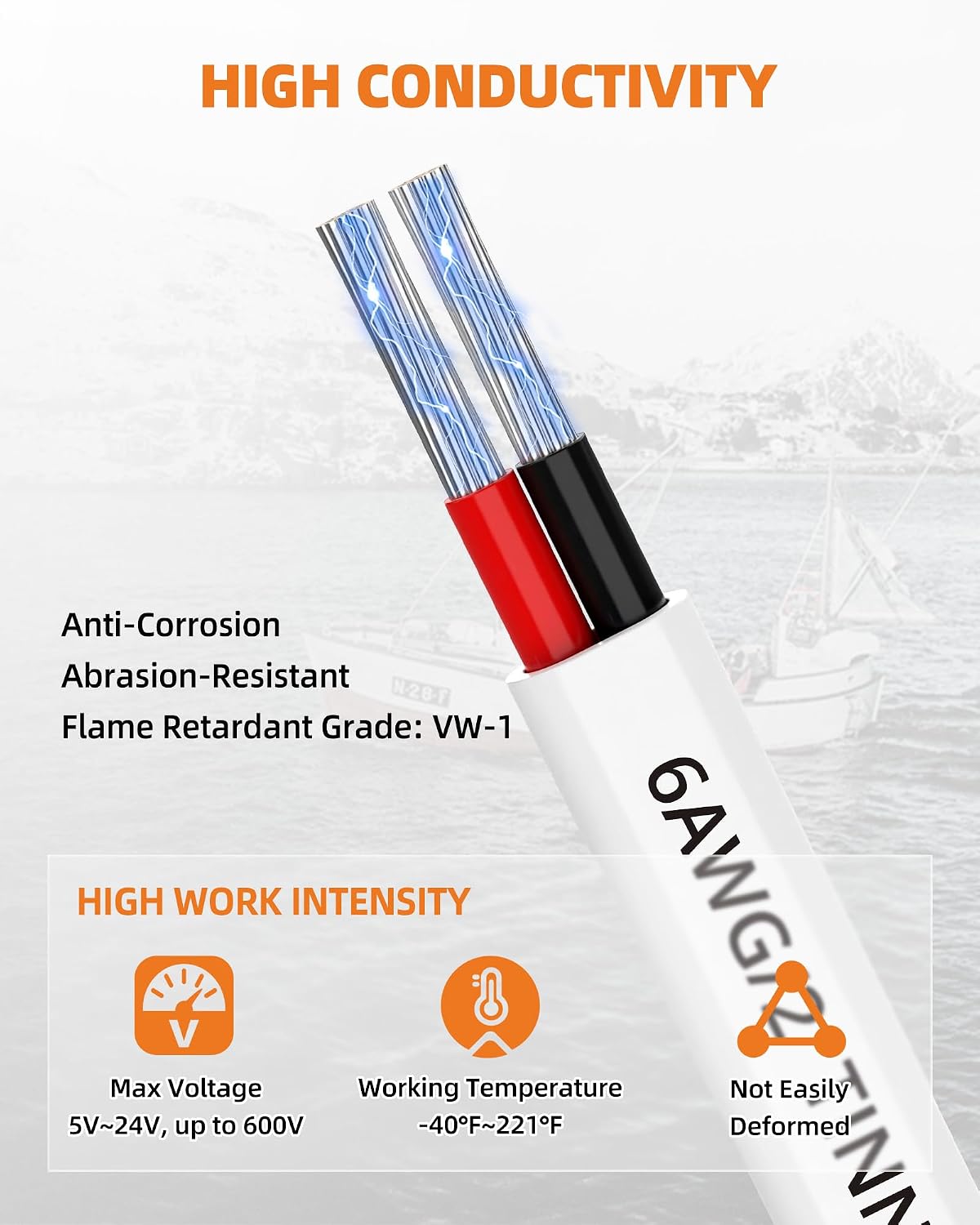 CONEPY 6 Gauge Marine Wire. 6/2 Duplex Tinned Copper Marine Wire. 30FT | Flexible. Waterproof. Corrosion-Resistant 6 AWG Marine Grade Wire with PVC Jacket for Boat. Automotive. RV. Solar. LED Strip
