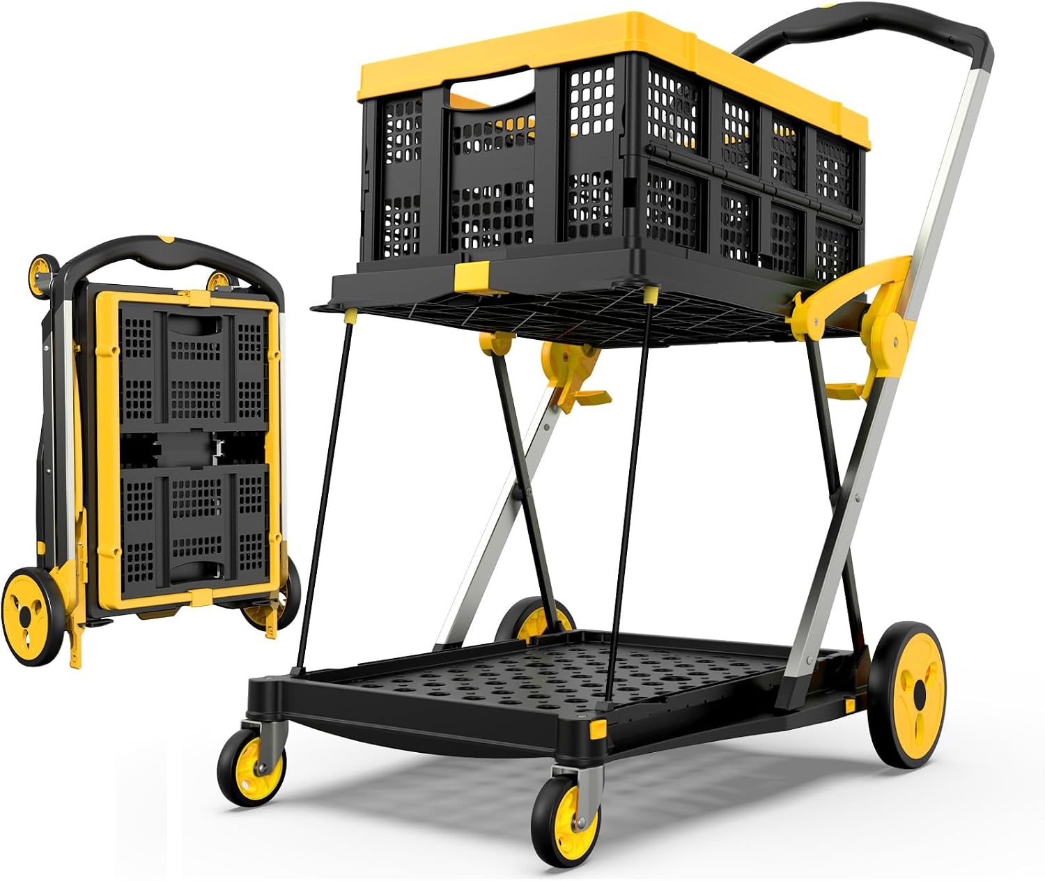 TOLRET Shopping Cart with Wheels. 200 lbs Capacity Grocery Cart on Wheels | Collapsible Shopping Cart with Storage Crate. Platform Hand Truck with Foot Brake. Yellow