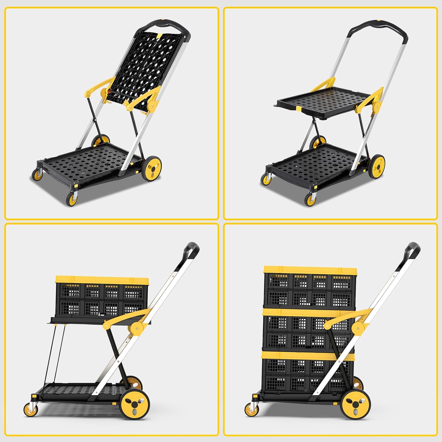 TOLRET Shopping Cart with Wheels. 200 lbs Capacity Grocery Cart on Wheels | Collapsible Shopping Cart with Storage Crate. Platform Hand Truck with Foot Brake. Yellow
