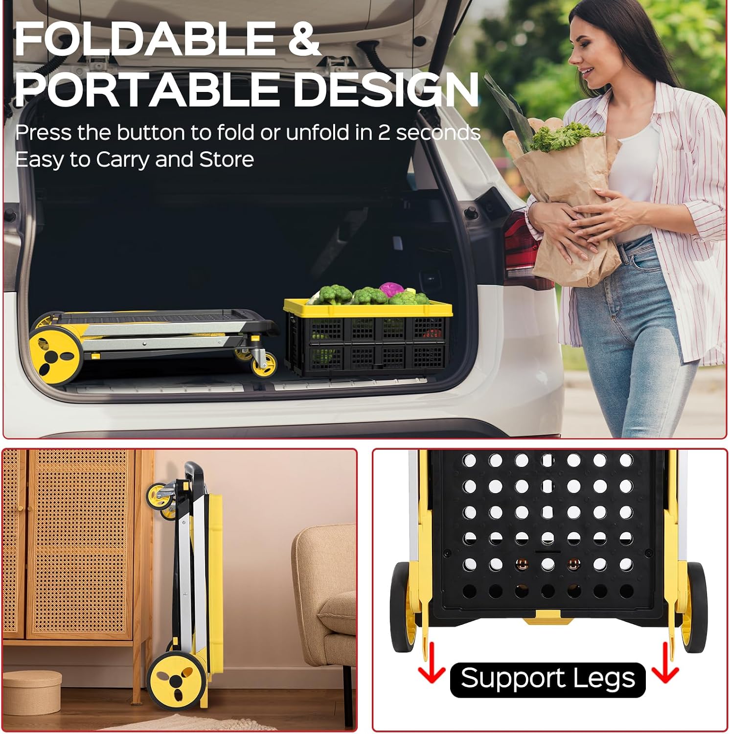 TOLRET Shopping Cart with Wheels. 200 lbs Capacity Grocery Cart on Wheels | Collapsible Shopping Cart with Storage Crate. Platform Hand Truck with Foot Brake. Yellow
