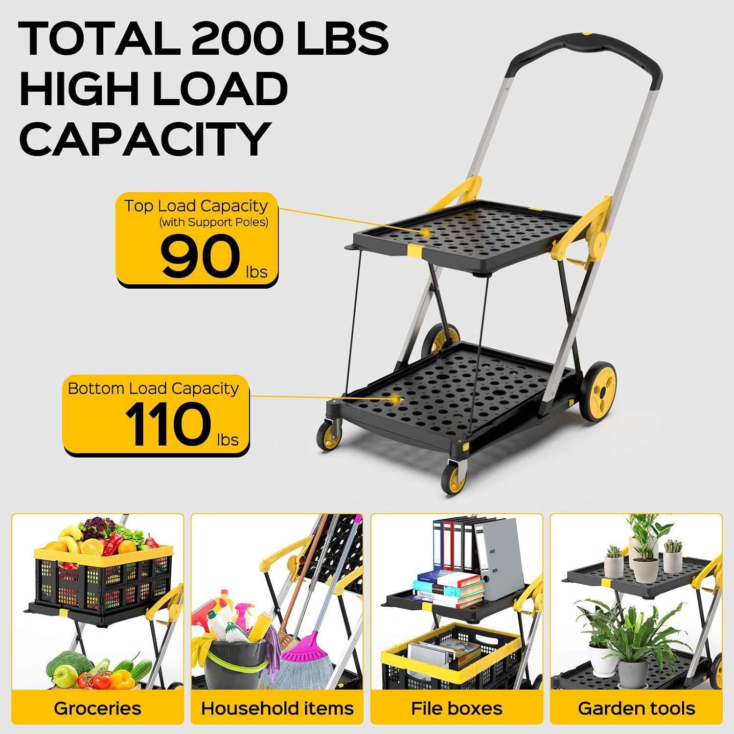 TOLRET Shopping Cart with Wheels. 200 lbs Capacity Grocery Cart on Wheels | Collapsible Shopping Cart with Storage Crate. Platform Hand Truck with Foot Brake. Yellow