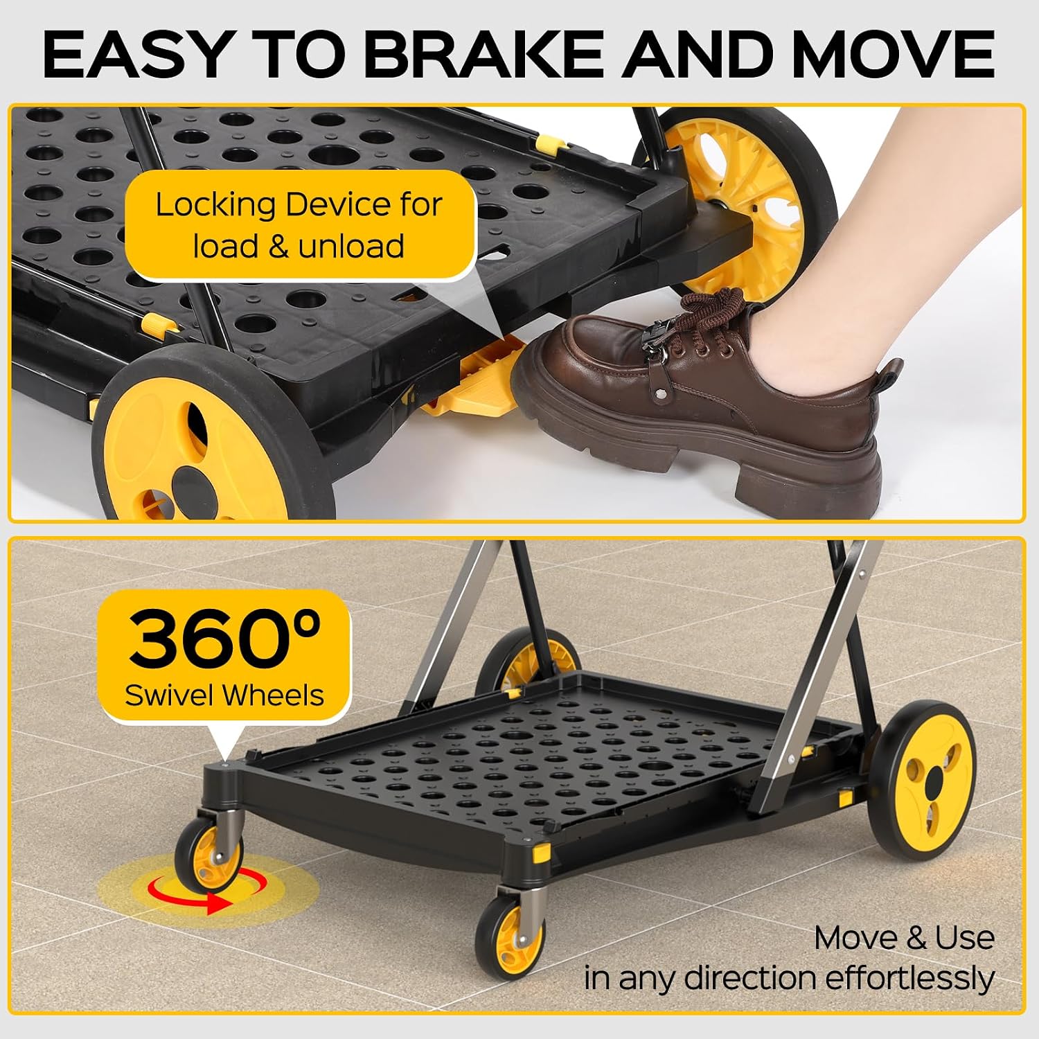 TOLRET Shopping Cart with Wheels. 200 lbs Capacity Grocery Cart on Wheels | Collapsible Shopping Cart with Storage Crate. Platform Hand Truck with Foot Brake. Yellow
