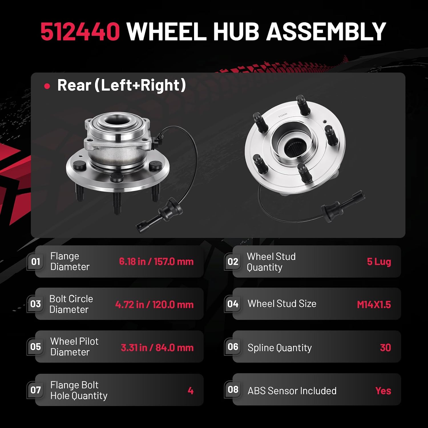 512440 2PCS BDFHYK Wheel Bearing and Hub Rear Compatible with Chevrolet Equinox 2010-2017 2.4L L4 Compatible with Chevrolet Equinox 2010-2012 3.0L V6