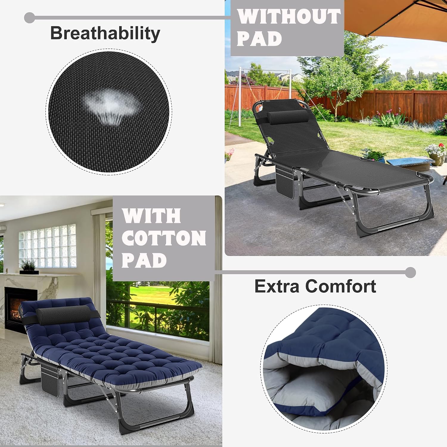 ABORON Tanning Chair. 5-Position Padded Folding Chaise Lounge | 5-position folding chaise lounge supports 400 lb and has a removable cushion and pillow for sunbathing. poolside or patio.