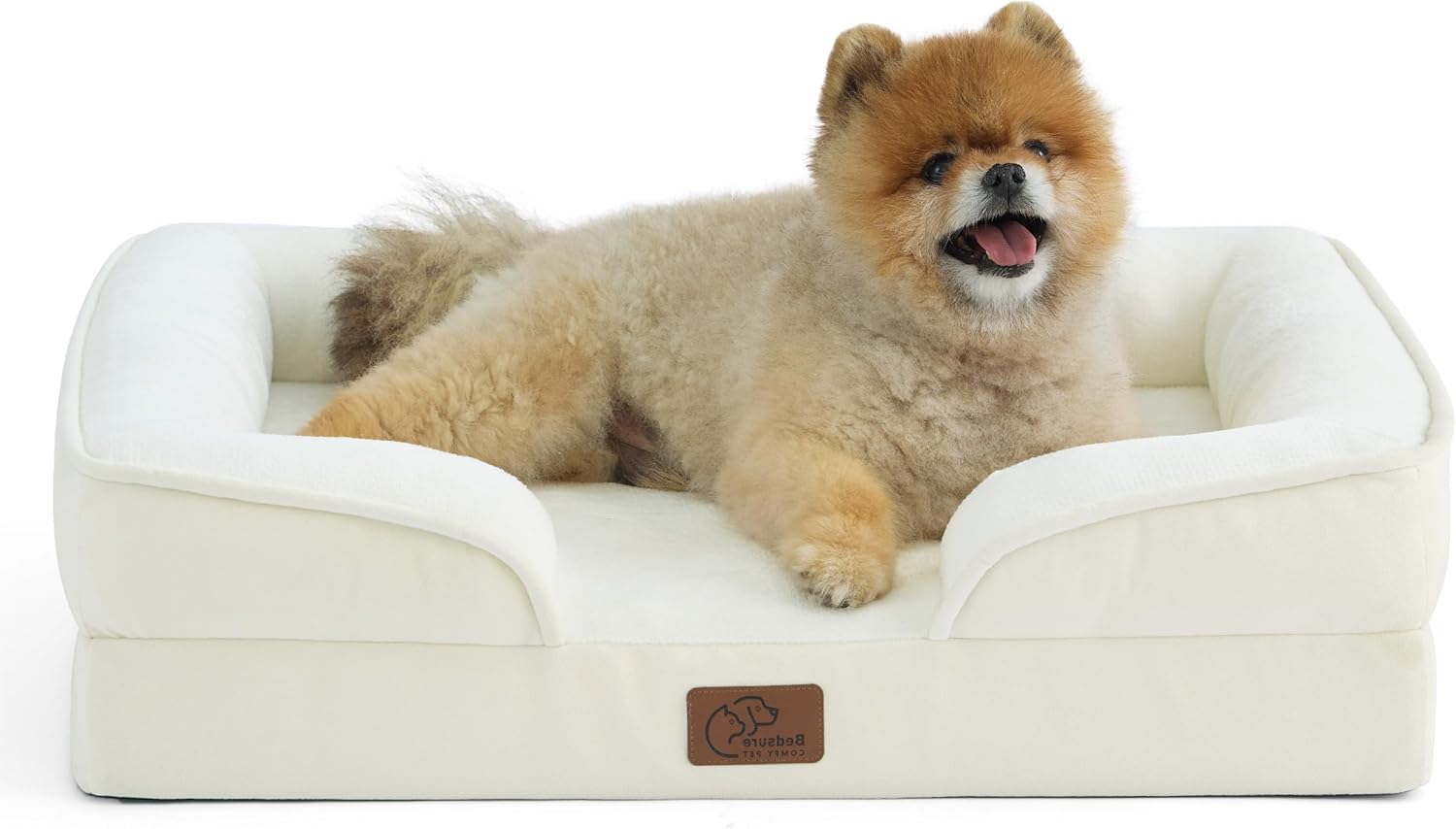 Bedsure Orthopedic Dog Beds for Small Dogs with Removable Washable Cover | 24 Classic Comfy Puppy Couch Sofa Waterproof. Cozy Bolster Sides. Nonslip Bottom. Pet bed for Cats.Senior Dogs. Beige