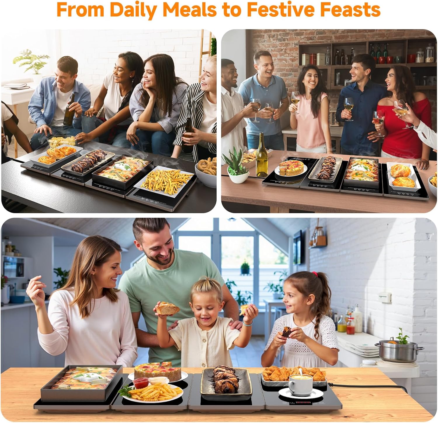 FEPPO Electric Warming Tray. 4-in-1 Food Warmers for Parties Buffet with 10 Temp Settings and Timer. 33x15 Glass Surface Warming Mat for Food. Modular Buffet Hot Plates for Catering and Gatherings