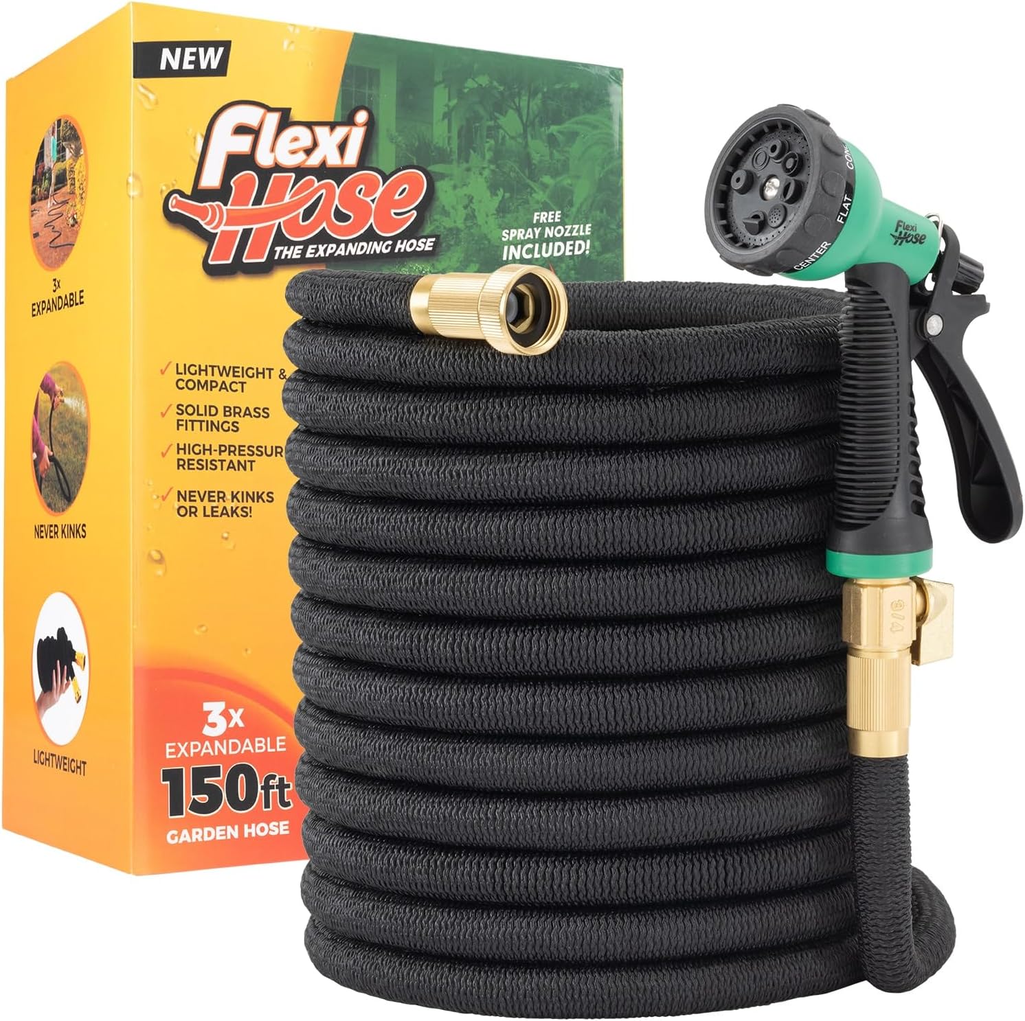 Flexi Hose with 8 Function Nozzle. 150FT - Lightweight Expandable Garden Hose. No-Kink Flexibility. 3/4 Inch Solid Brass Fittings and Double Latex Core