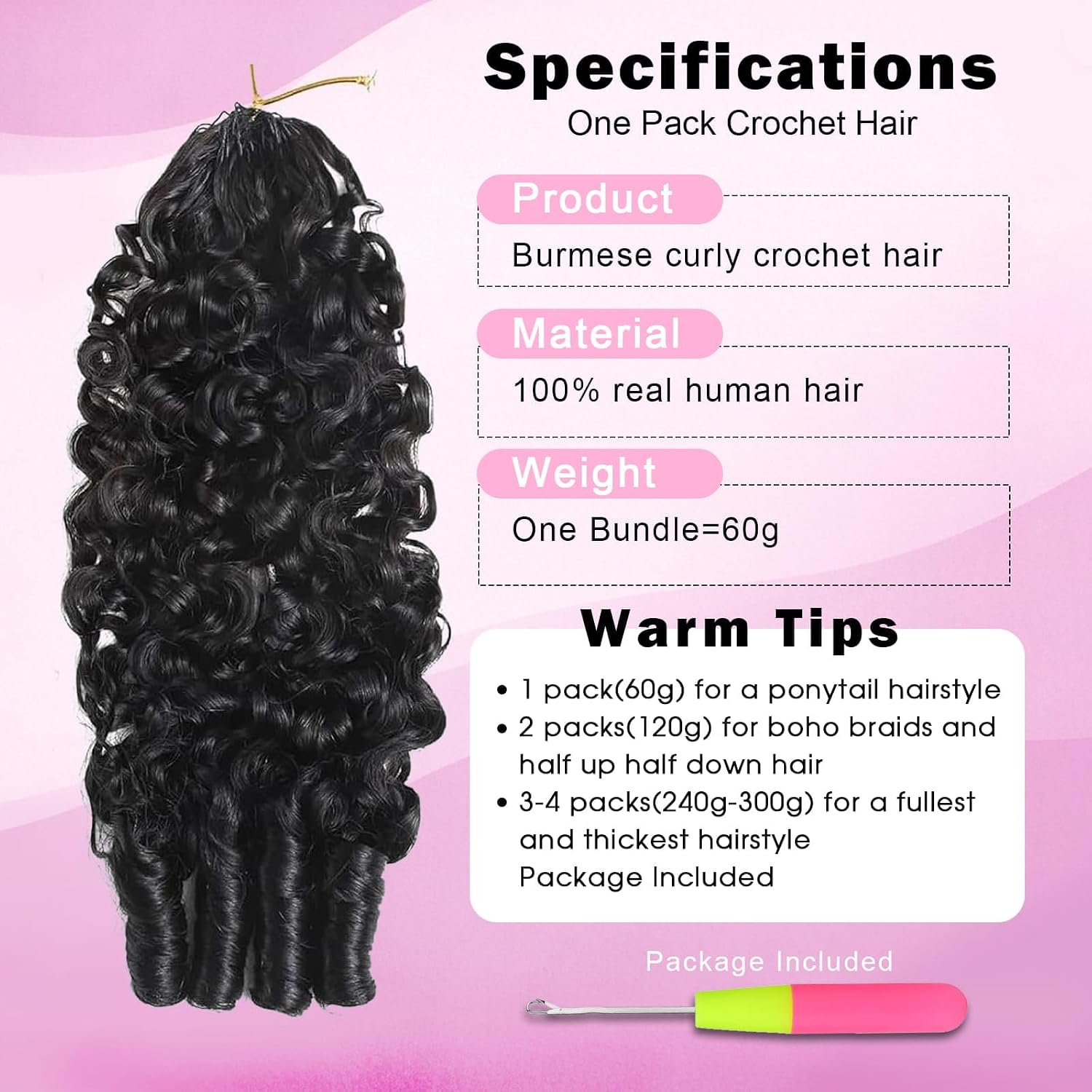 Burmese Curly Crochet Human Hair 20 Inch 120g Pre-Separated Feather Crochet Human Hair Premium Reusable Bundles Human Hair Extensions Natural Color