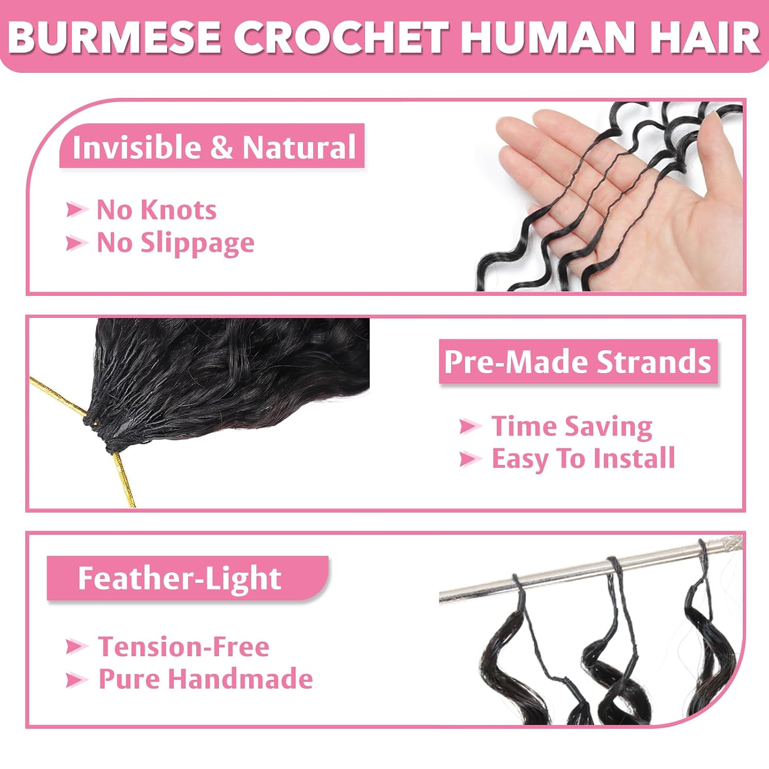 Burmese Curly Crochet Human Hair 20 Inch 120g Pre-Separated Feather Crochet Human Hair Premium Reusable Bundles Human Hair Extensions Natural Color