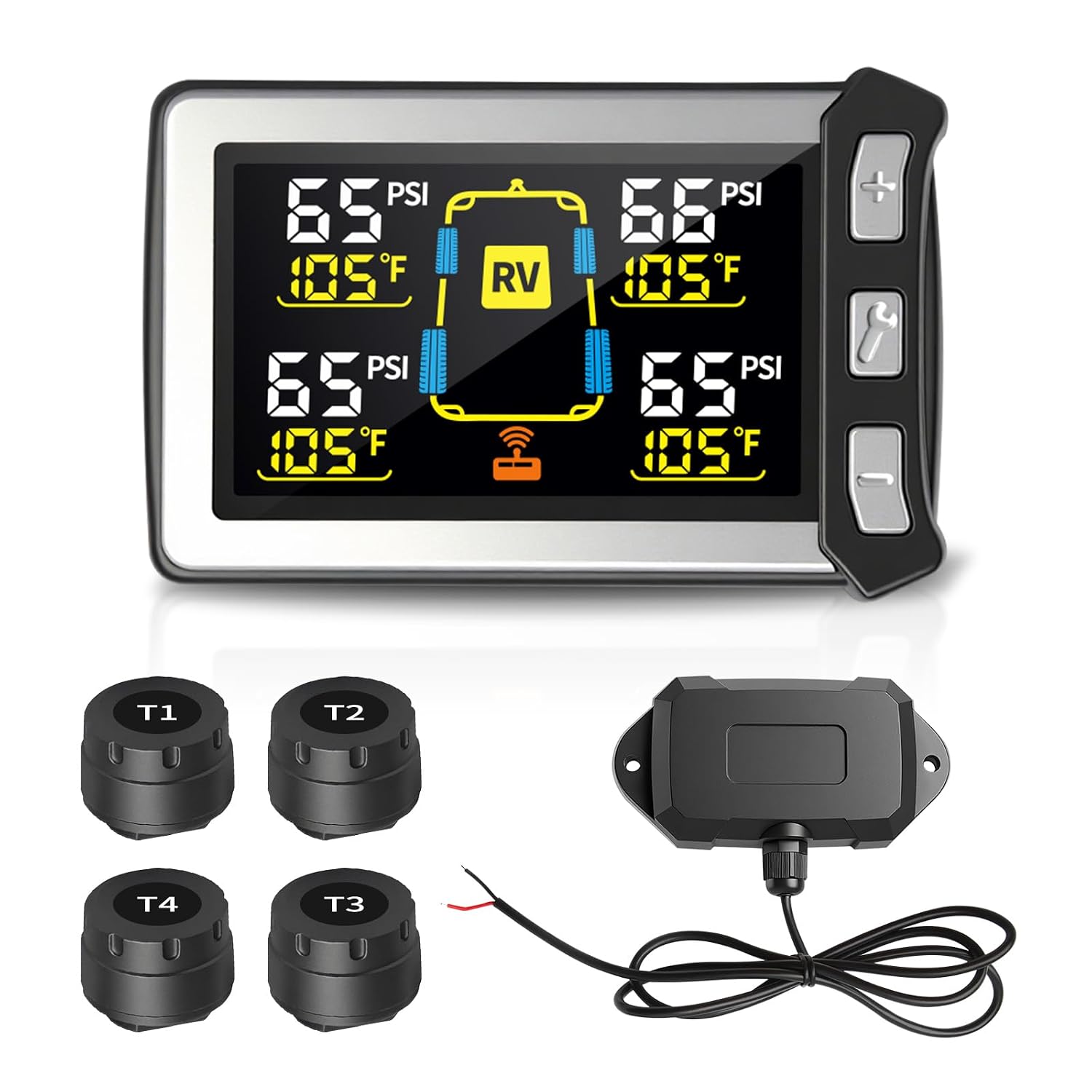 Masoll RV Tire Pressure Monitoring System. TPMS Sensors Set of 4 | Color LCD Display. Ideal for Travel Trailer/5th Wheel/Camper. 0-145psi. 120ft Transmission Distance. Signal Booster Included