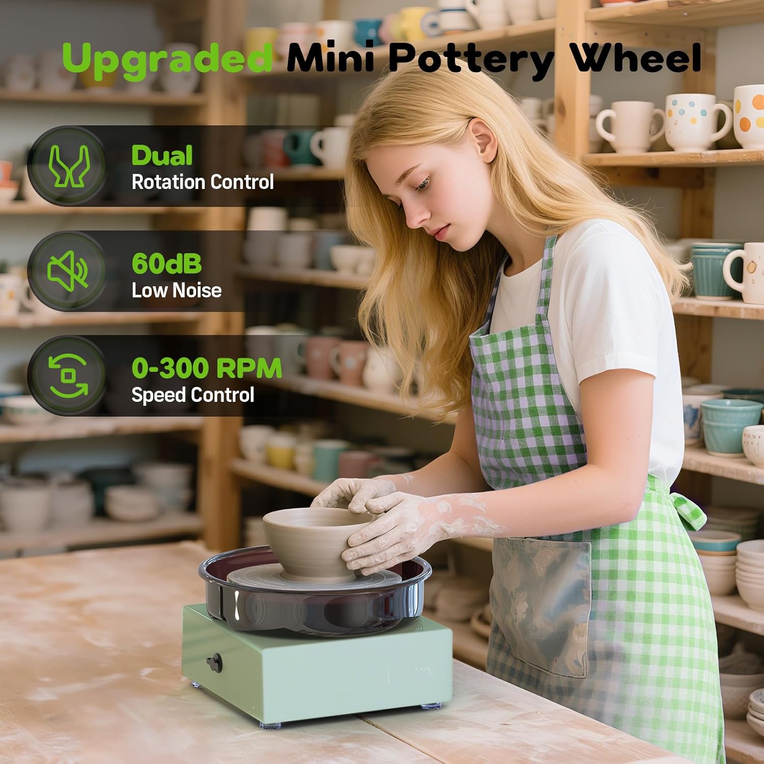 Alldeer Mini Pottery Wheel for Kids. Beginners. Adults. All-in-one Kit | 6 Clay Wheel. Two-Way Rotation. Adjustable Speed. Removable Splash Tray. 18PCS Sculpting Tools. Gift for Teens Girls Boys