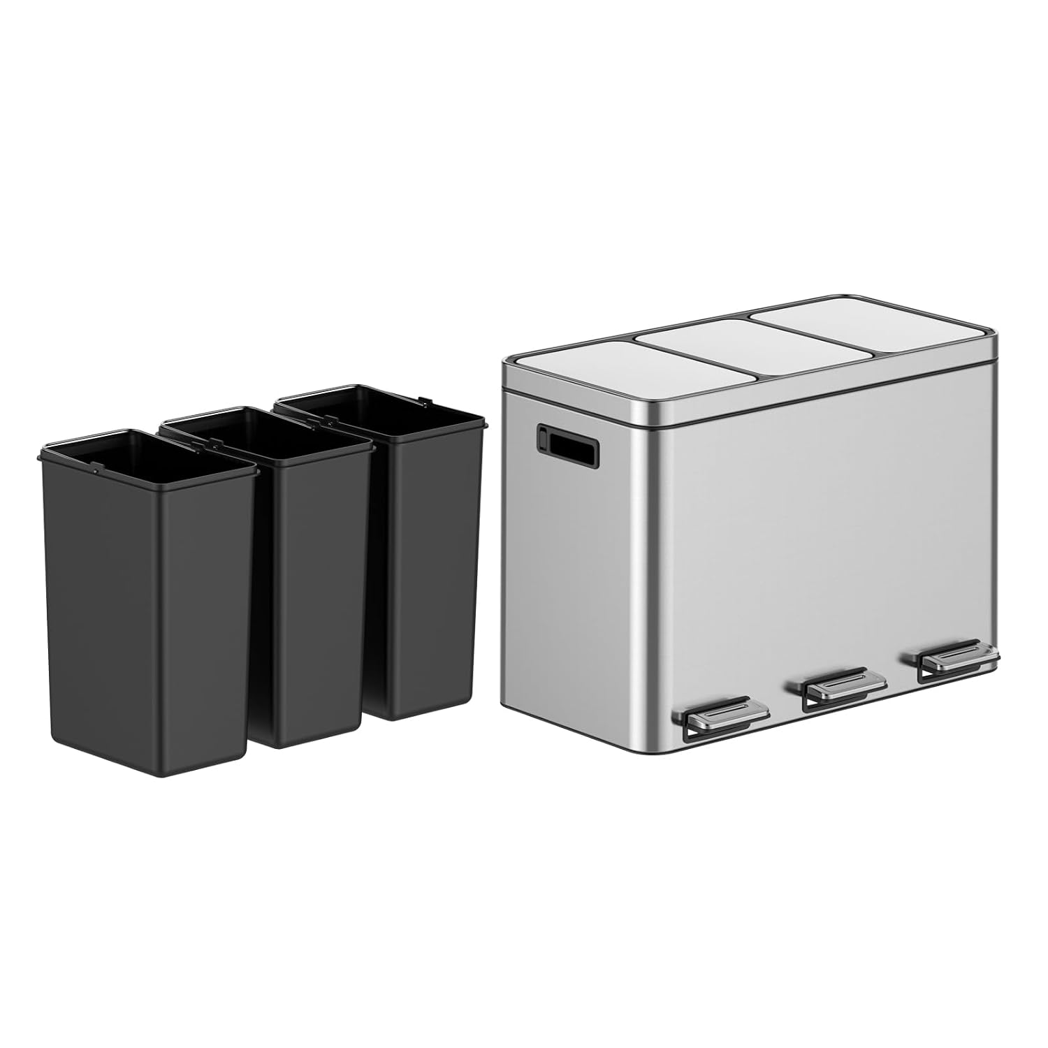 GarveeHome 12 gal Rectangular Recycling Trash Can with 3 Compartments. Silver. 45 L (4+4+4 gal)