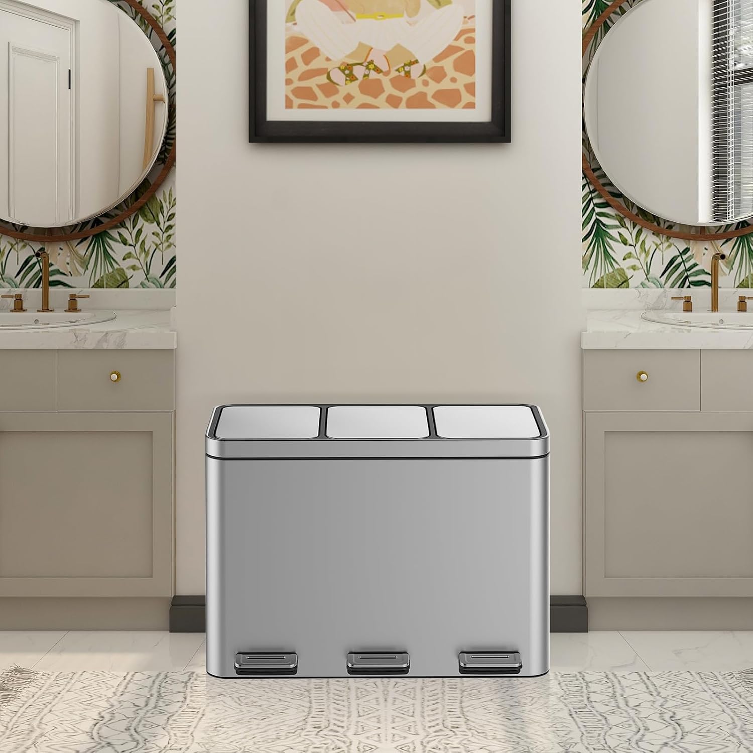GarveeHome 12 gal Rectangular Recycling Trash Can with 3 Compartments. Silver. 45 L (4+4+4 gal)