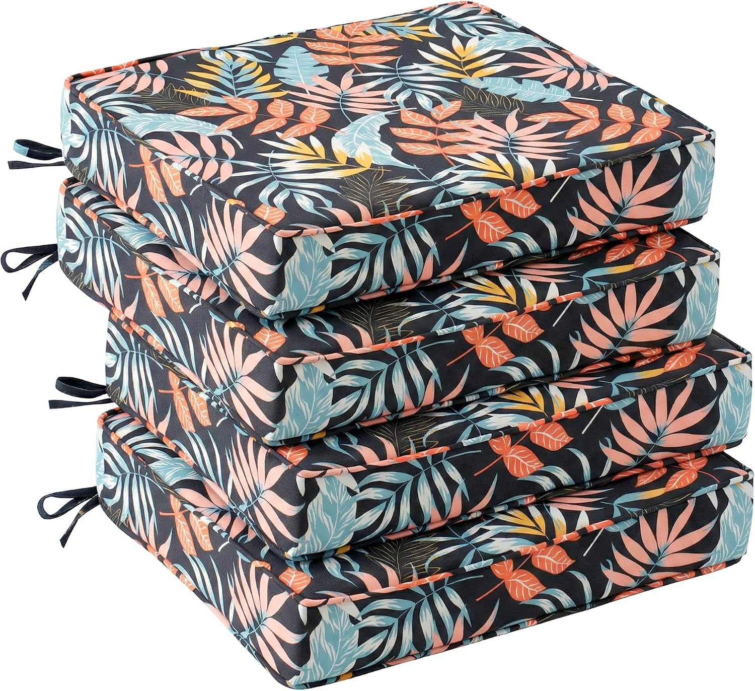 UNIKOME Outdoor Chair Cushions Set of 4. Water Resistant Patio Seat Cushions with Ties for Outdoor Furniture. High-Density Foam. UV & Fade Resistant. Piped Edge – 24 x 24 x 4. Colorful Leaves