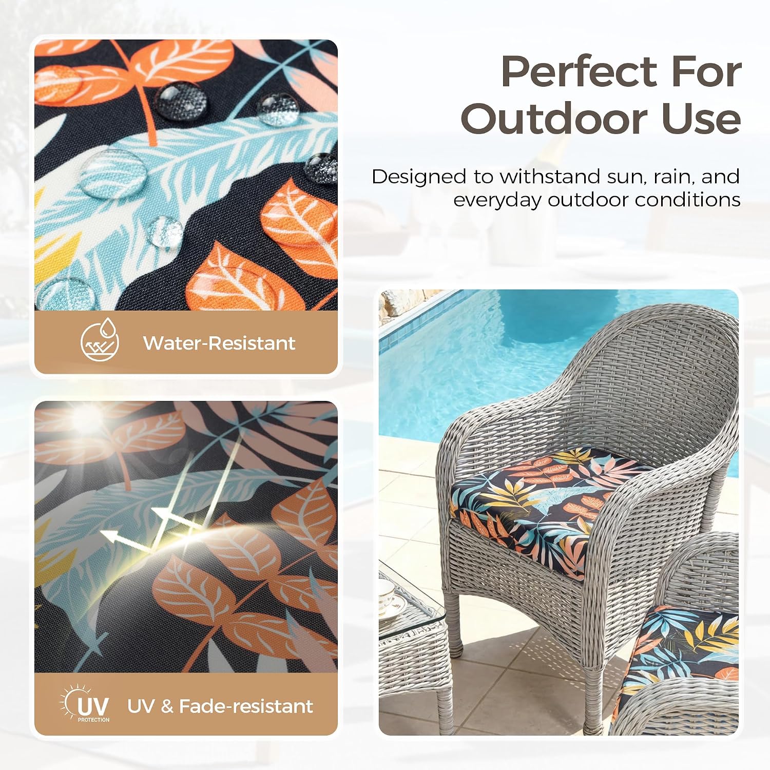 UNIKOME Outdoor Chair Cushions Set of 4. Water Resistant Patio Seat Cushions with Ties for Outdoor Furniture. High-Density Foam. UV & Fade Resistant. Piped Edge – 24 x 24 x 4. Colorful Leaves