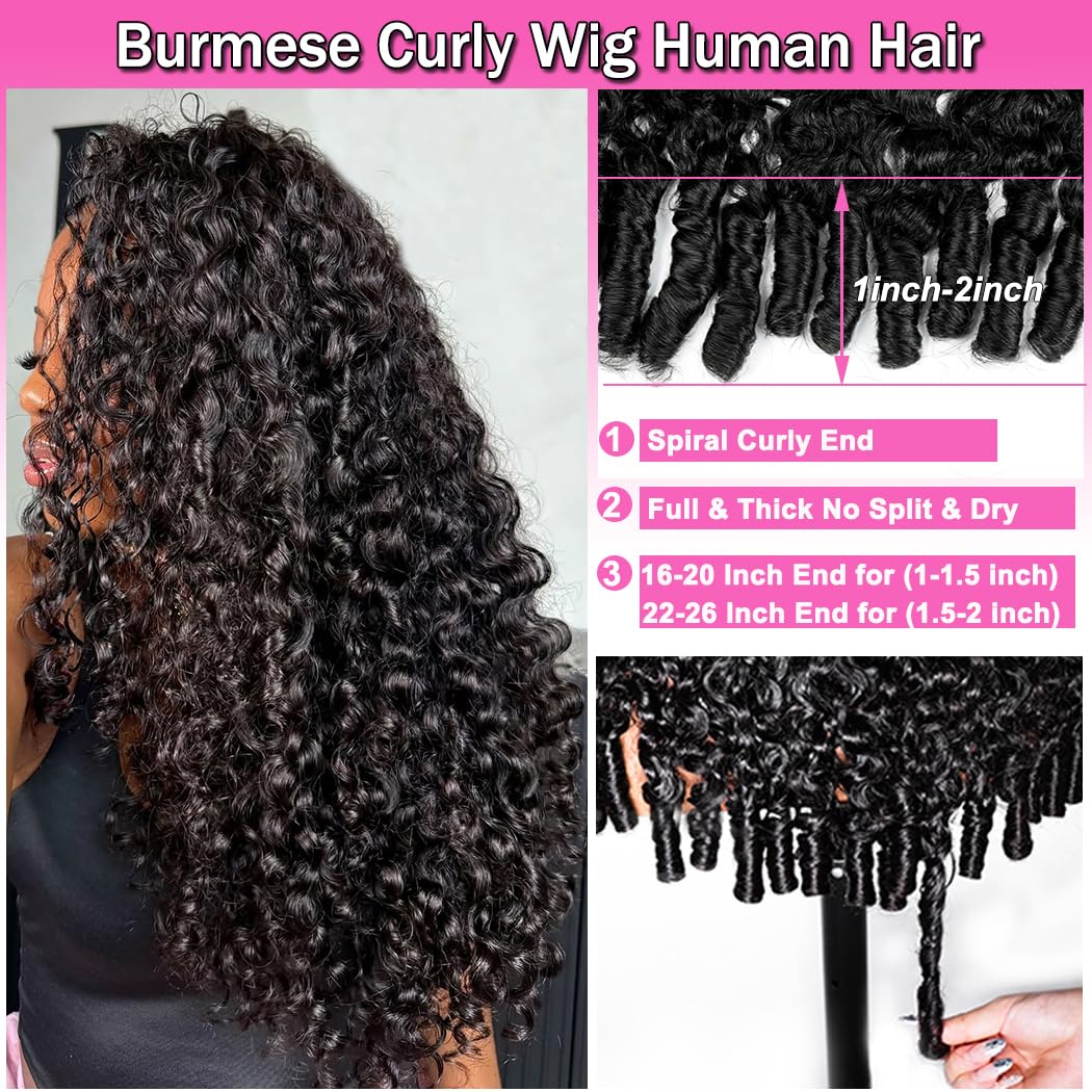 Blomas Burmese Curly Half Wig Human Hair for Women Curly Half Wig Human Hair with Drawstring Friendly for Beginner 24 Inch Wear and Go Glueless Wigs Human Hair with Spiral Curls End 180 Density