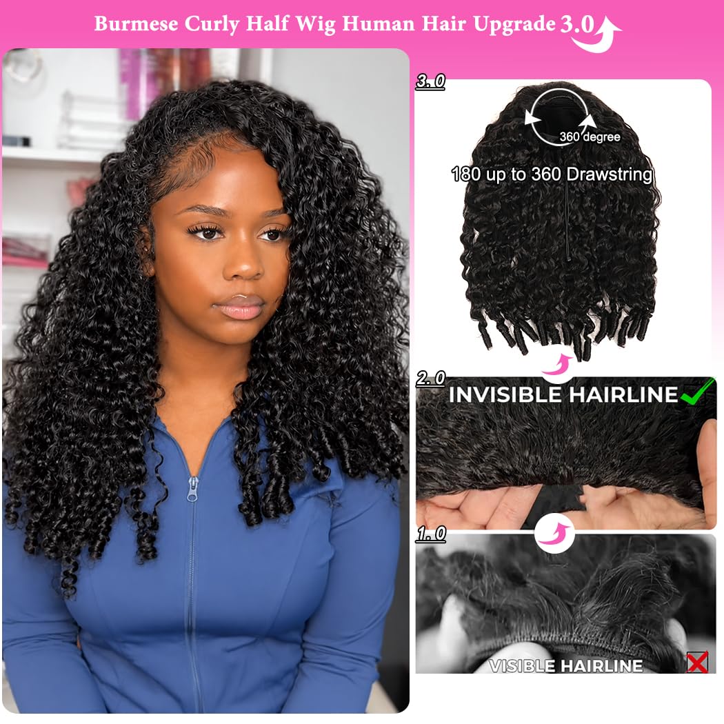 Blomas Burmese Curly Half Wig Human Hair for Women Curly Half Wig Human Hair with Drawstring Friendly for Beginner 24 Inch Wear and Go Glueless Wigs Human Hair with Spiral Curls End 180 Density