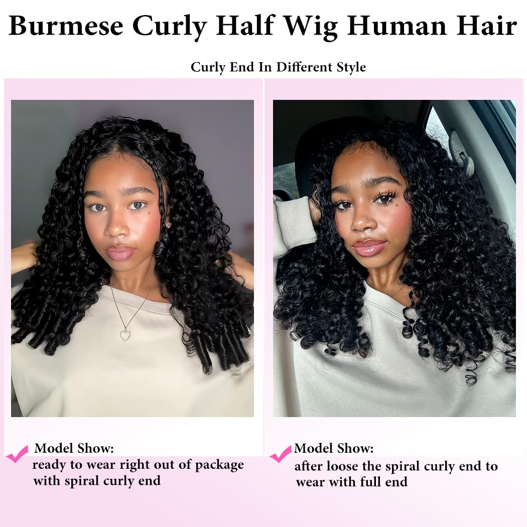 Blomas Burmese Curly Half Wig Human Hair for Women Curly Half Wig Human Hair with Drawstring Friendly for Beginner 24 Inch Wear and Go Glueless Wigs Human Hair with Spiral Curls End 180 Density