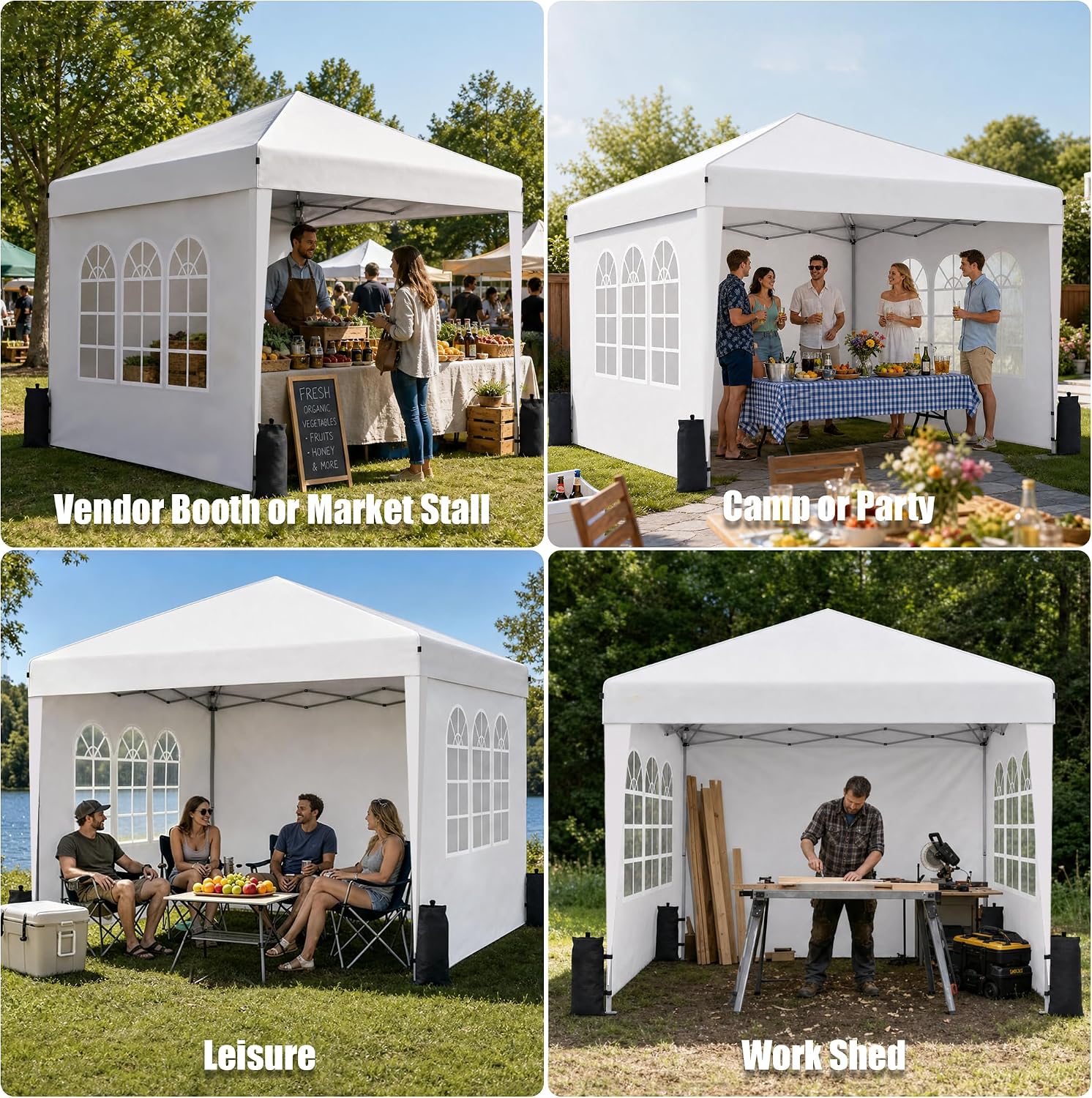 10x10 Pop Up Canopy Tent with Sidewall. Commercial. White | One Push Setup Gazebo Tent. Portable Outdoor Party Events Camping Tent with Carry bag. 3 Height Adjustment. 3 Sidewalls