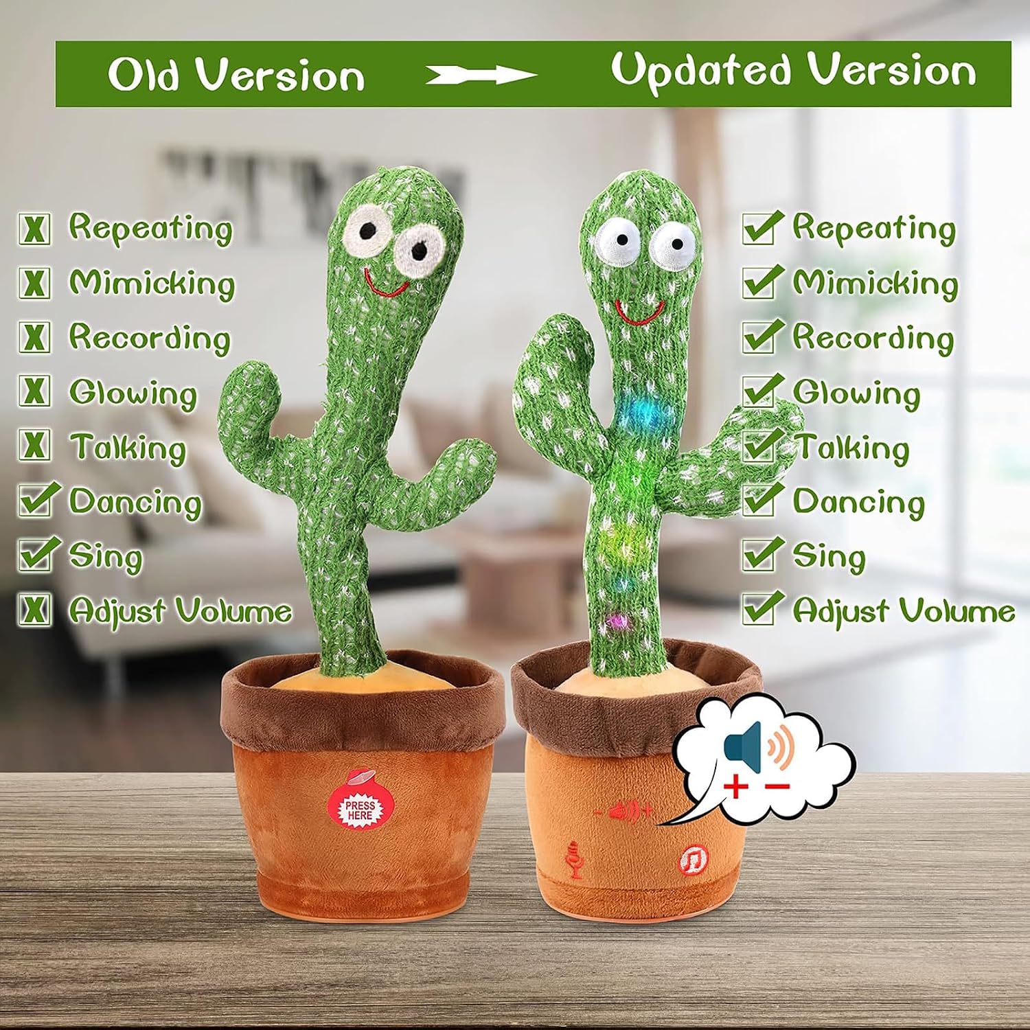 Dancing Talking Cactus Toy for Baby Boys Girls Toys. Adjustable Volume Dancing Cactus Toy Singing Mimicking Recording Repeating What You Say with LED English Sing Talking 15 Second Voice Recorder | Adjustable Volume. Mimicking Recording Repeating What You Say. LED English Singing. 15 Second Voice Recorder