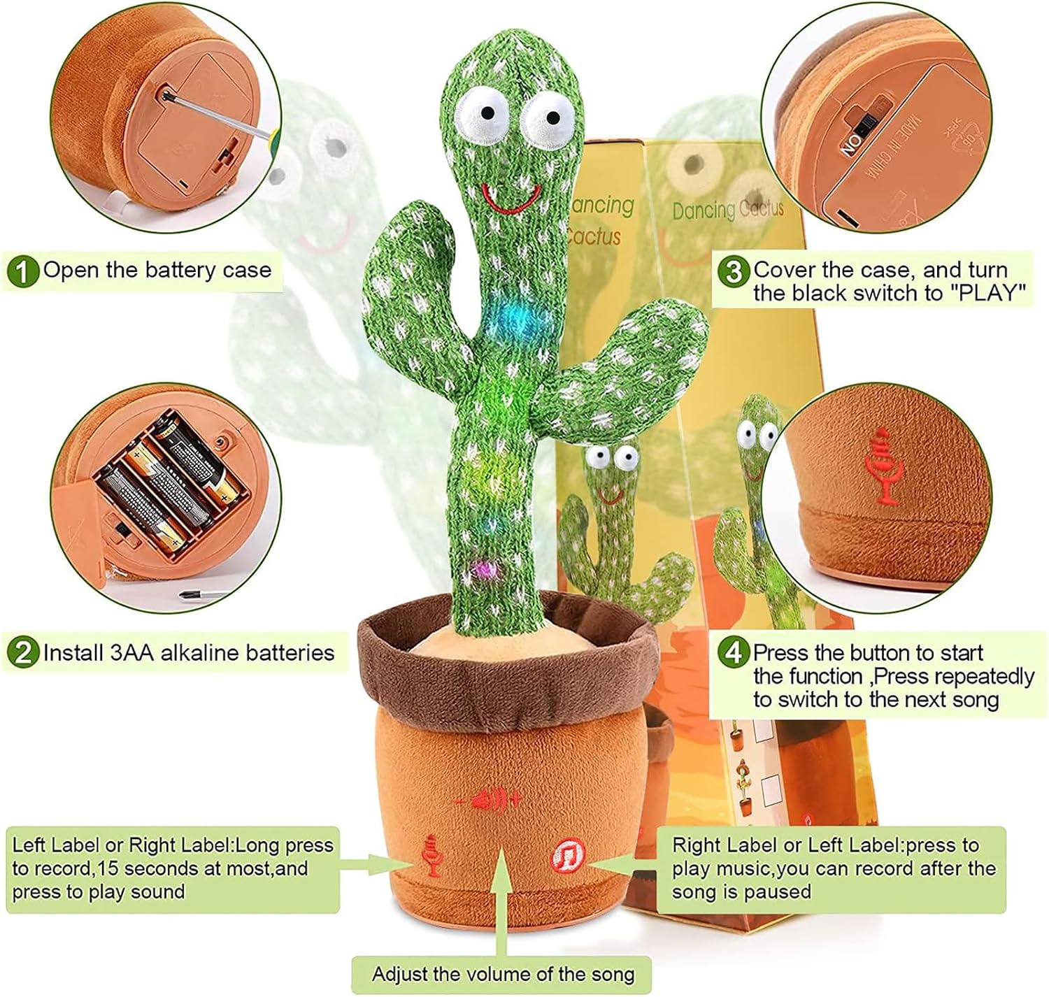 Dancing Talking Cactus Toy for Baby Boys Girls Toys. Adjustable Volume Dancing Cactus Toy Singing Mimicking Recording Repeating What You Say with LED English Sing Talking 15 Second Voice Recorder | Adjustable Volume. Mimicking Recording Repeating What You Say. LED English Singing. 15 Second Voice Recorder