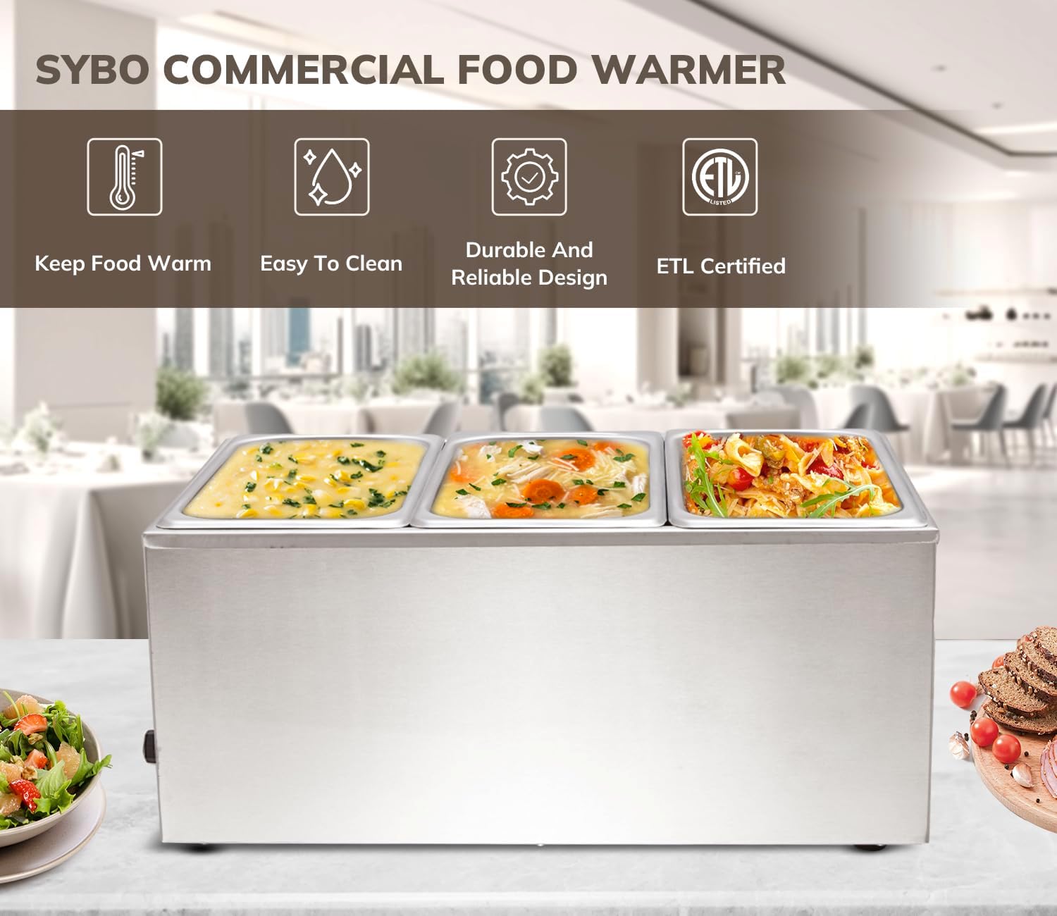 SYBO Commercial Food Warmer. Stainless Steel Bain Marie Steam Table | Easy to Clean. For Buffet Catering and Restaurants. ETL. CE ROHS Certified. 3 Sections
