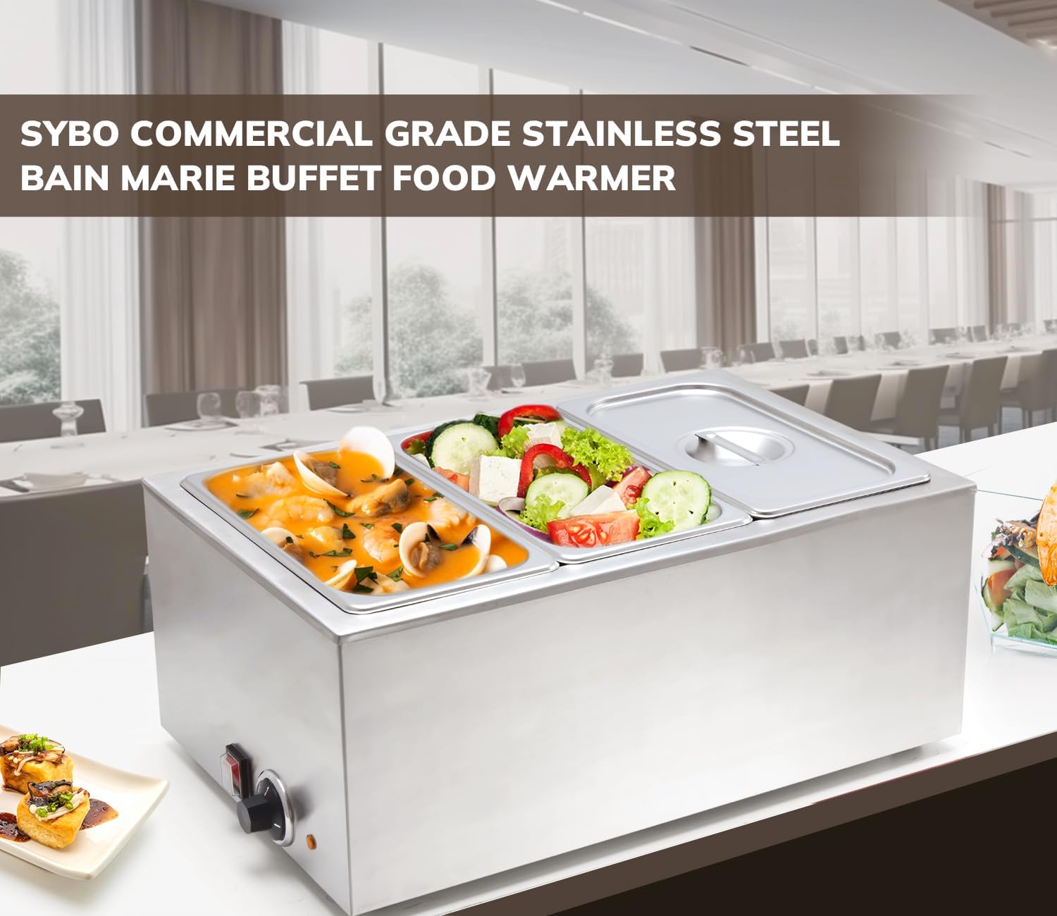 SYBO Commercial Food Warmer. Stainless Steel Bain Marie Steam Table | Easy to Clean. For Buffet Catering and Restaurants. ETL. CE ROHS Certified. 3 Sections