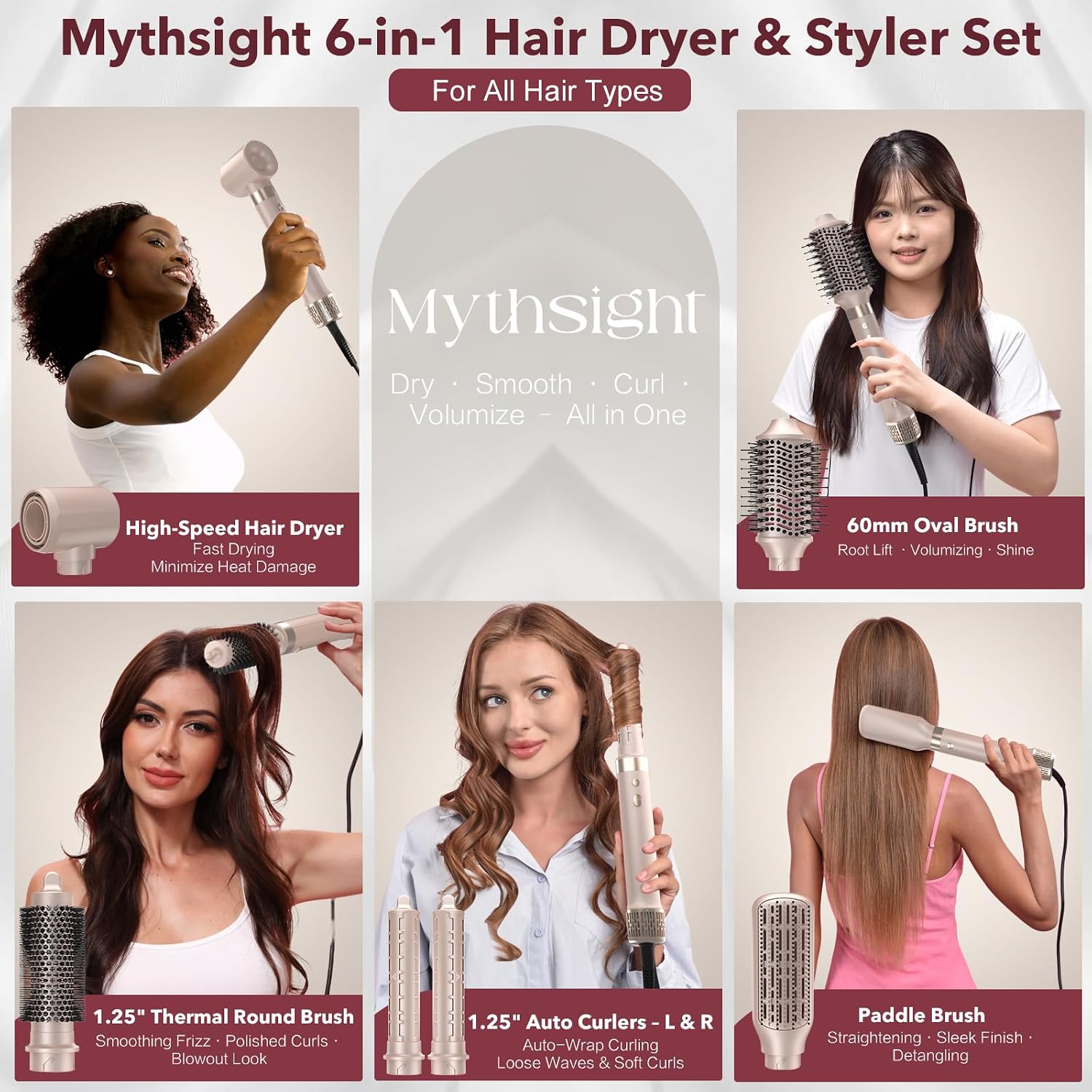 Mythsight StyleVibe 6-in-1 Air Styler with Hair Dryer & Auto-Wrap Curl L/R | Blow Dryer Brush. Thermal Brush and Straightener Brush For Fast Drying. Curls. Volumizing. Smooth Blowouts and Frizz Control