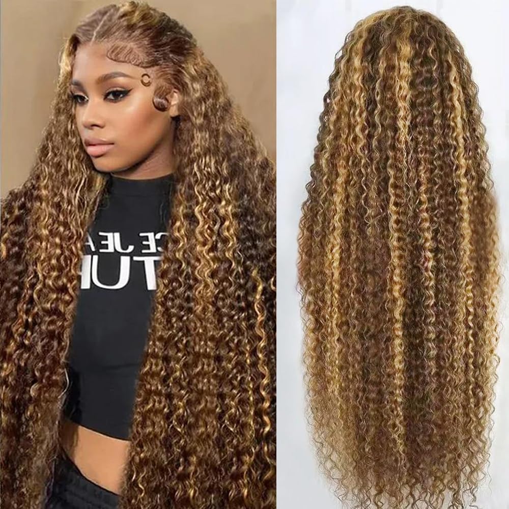 Tylokra 30inch Highlight Ombre Lace Front Wig Human Hair 13x6 HD Honey Blonde 4/27 Deep Wave Lace Frontal Wigs Glueless Wigs Human Hair (4/27 Honey Blonde. 30 inch)