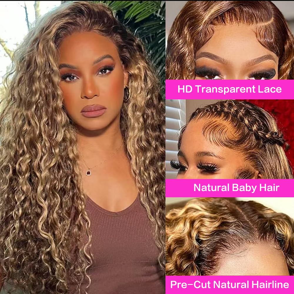 Tylokra 30inch Highlight Ombre Lace Front Wig Human Hair 13x6 HD Honey Blonde 4/27 Deep Wave Lace Frontal Wigs Glueless Wigs Human Hair (4/27 Honey Blonde. 30 inch)